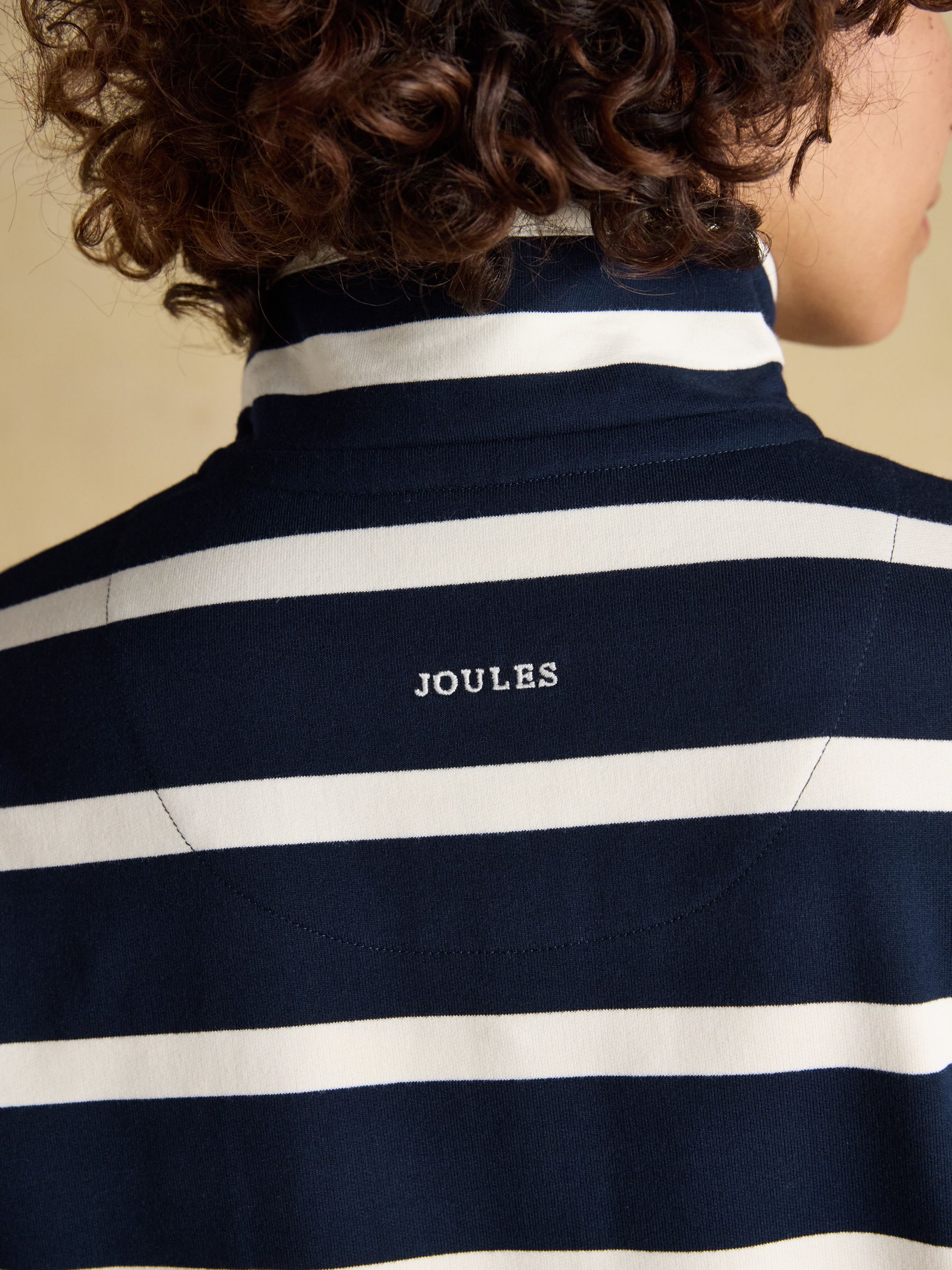 Saunton Navy & Cream Striped Cotton Blend Sweatshirt with Buttoned Funnel Neck - Image 8 of 9