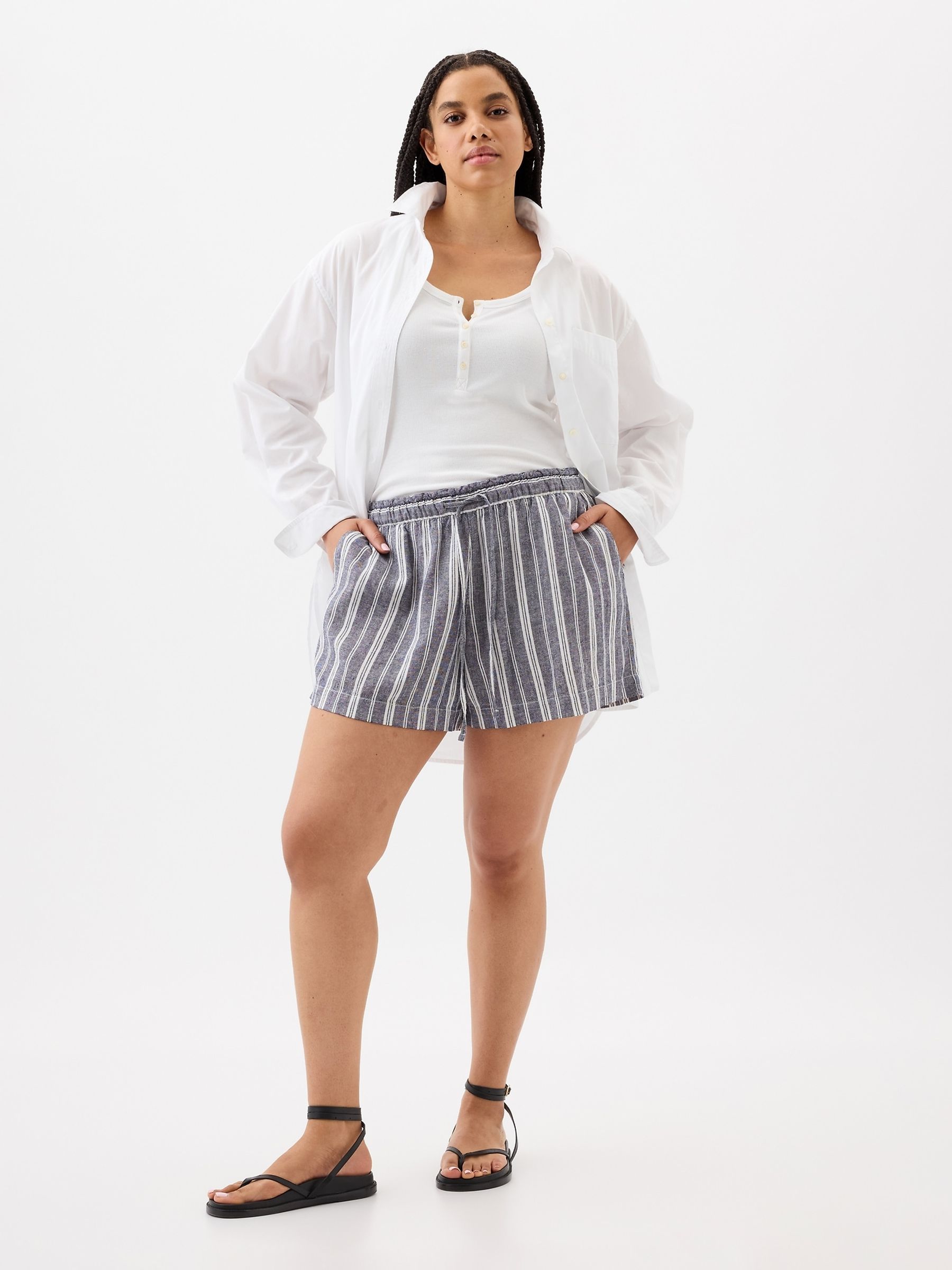 Navy Blue Stripe Linen Blend Pull On Shorts - Image 1 of 5