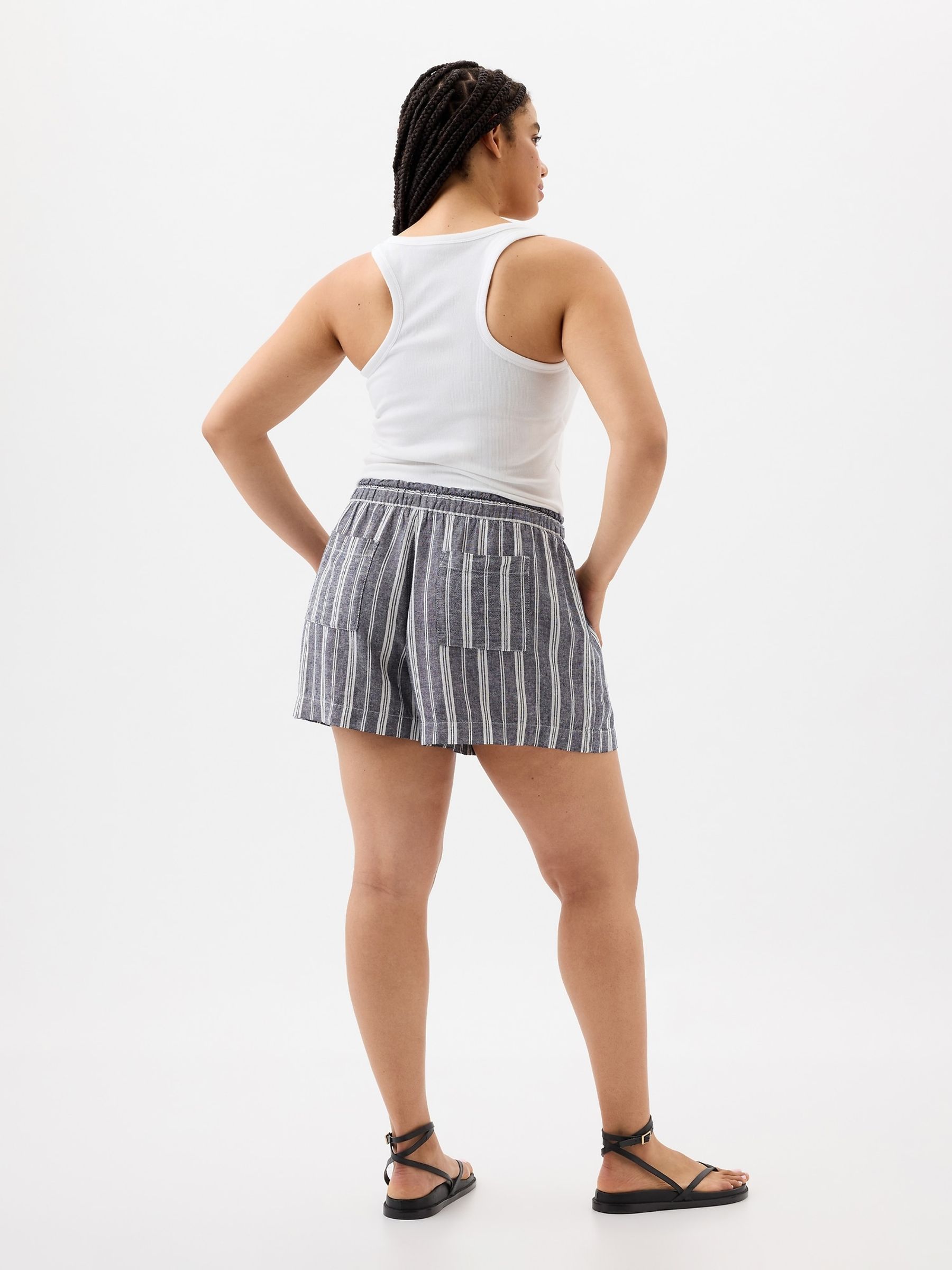 Navy Blue Stripe Linen Blend Pull On Shorts - Image 2 of 5