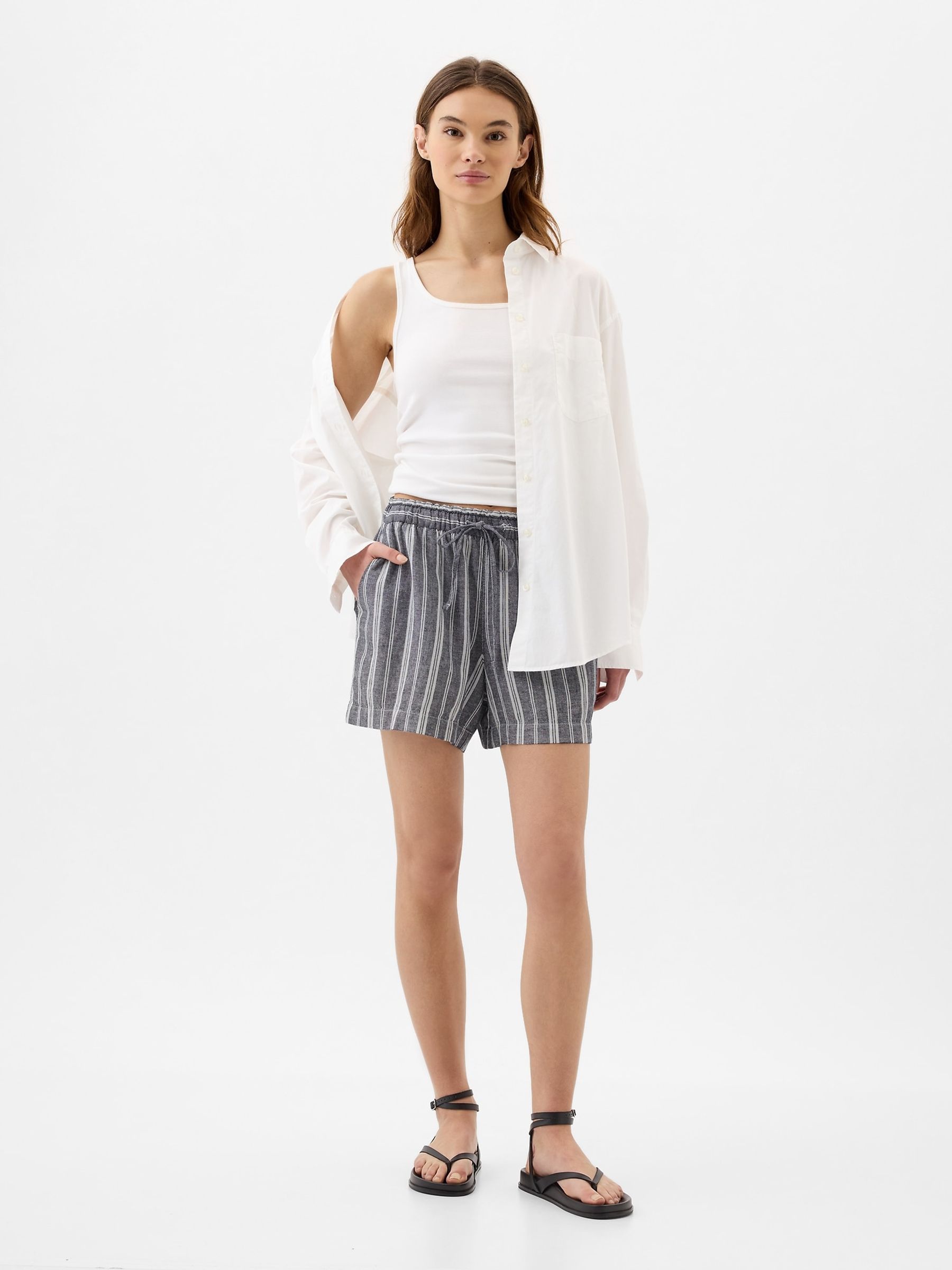Navy Blue Stripe Linen Blend Pull On Shorts - Image 3 of 5