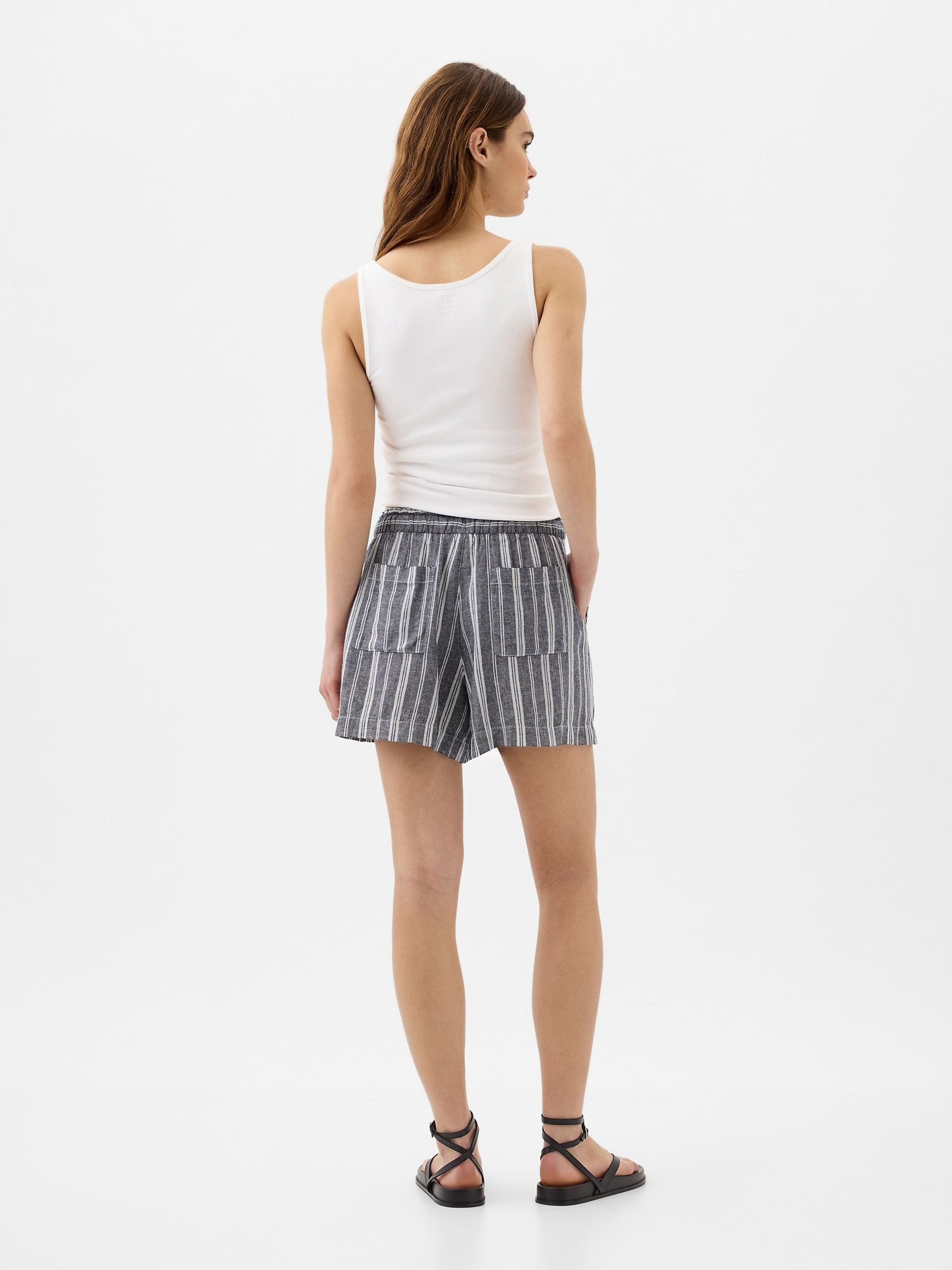 Navy Blue Stripe Linen Blend Pull On Shorts - Image 4 of 5