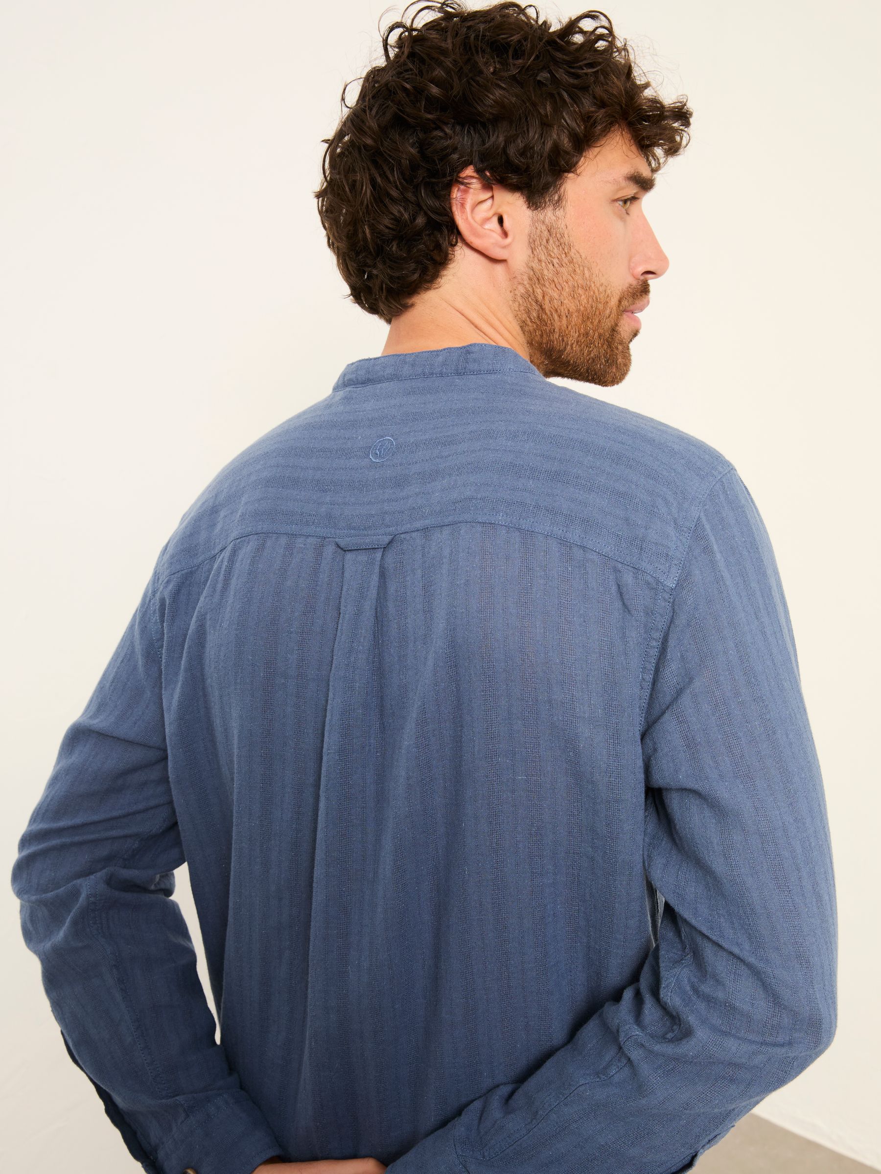 Bugle Denim Dark Blue Self Stripe Long Sleeve Grandad Linen Cotton Shirt - Image 2 of 6