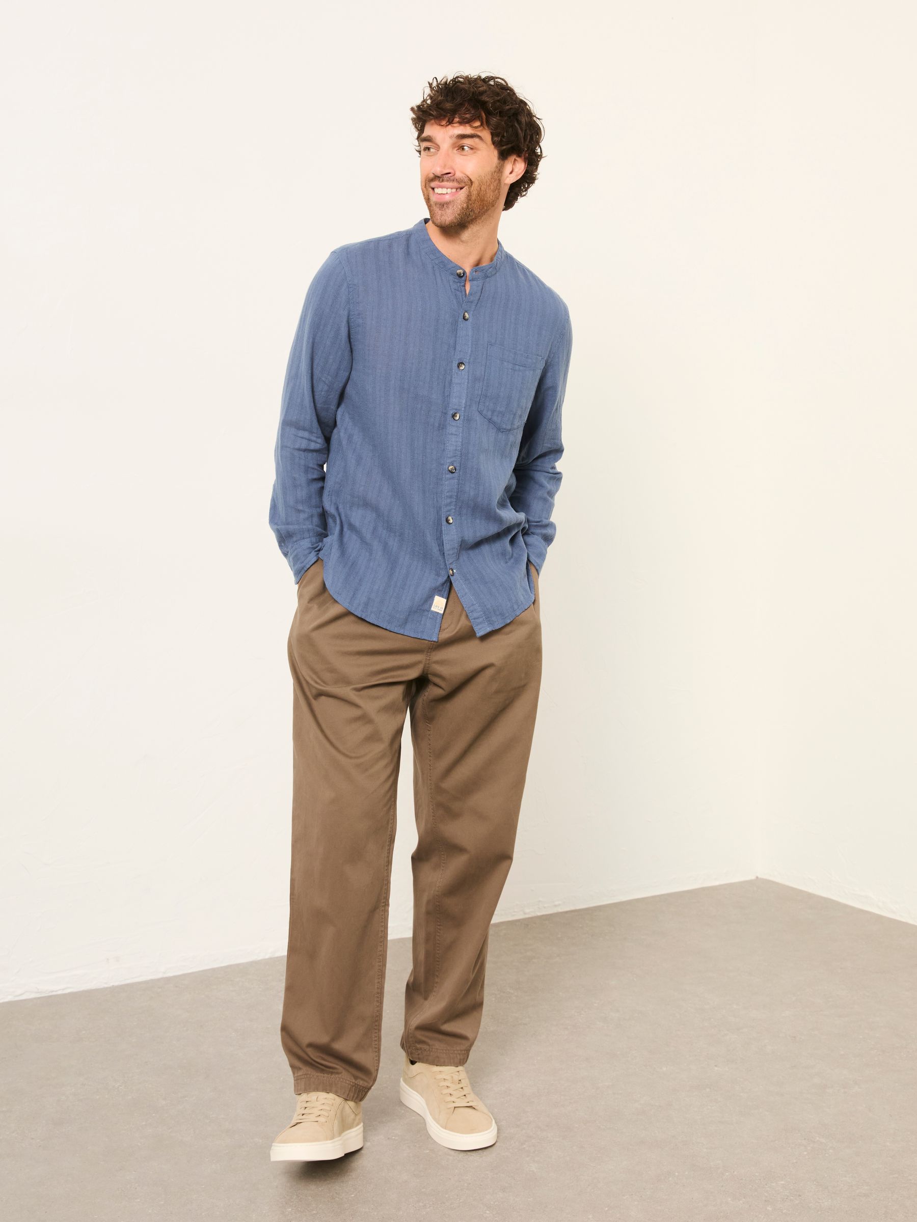 Bugle Denim Dark Blue Self Stripe Long Sleeve Grandad Linen Cotton Shirt - Image 3 of 6