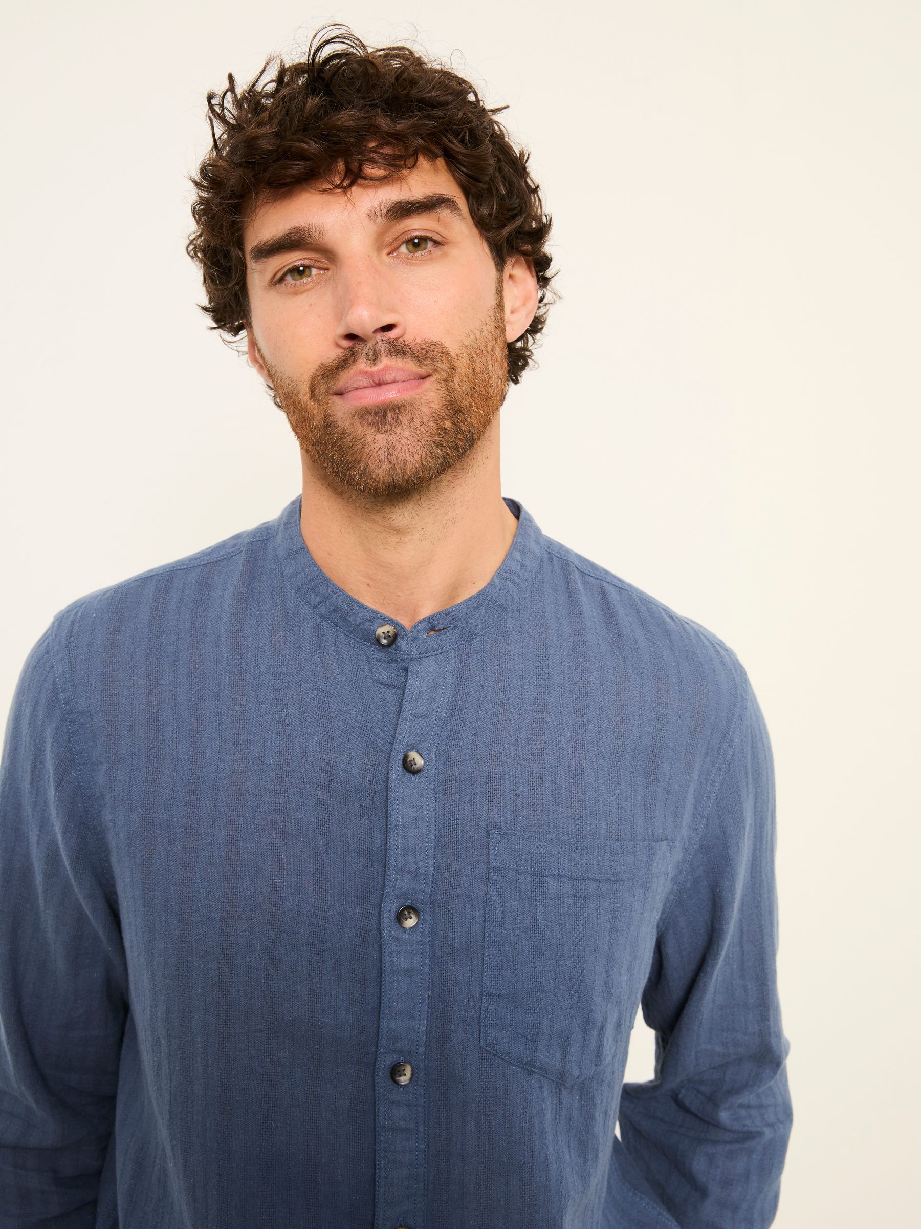 Bugle Denim Dark Blue Self Stripe Long Sleeve Grandad Linen Cotton Shirt - Image 4 of 6