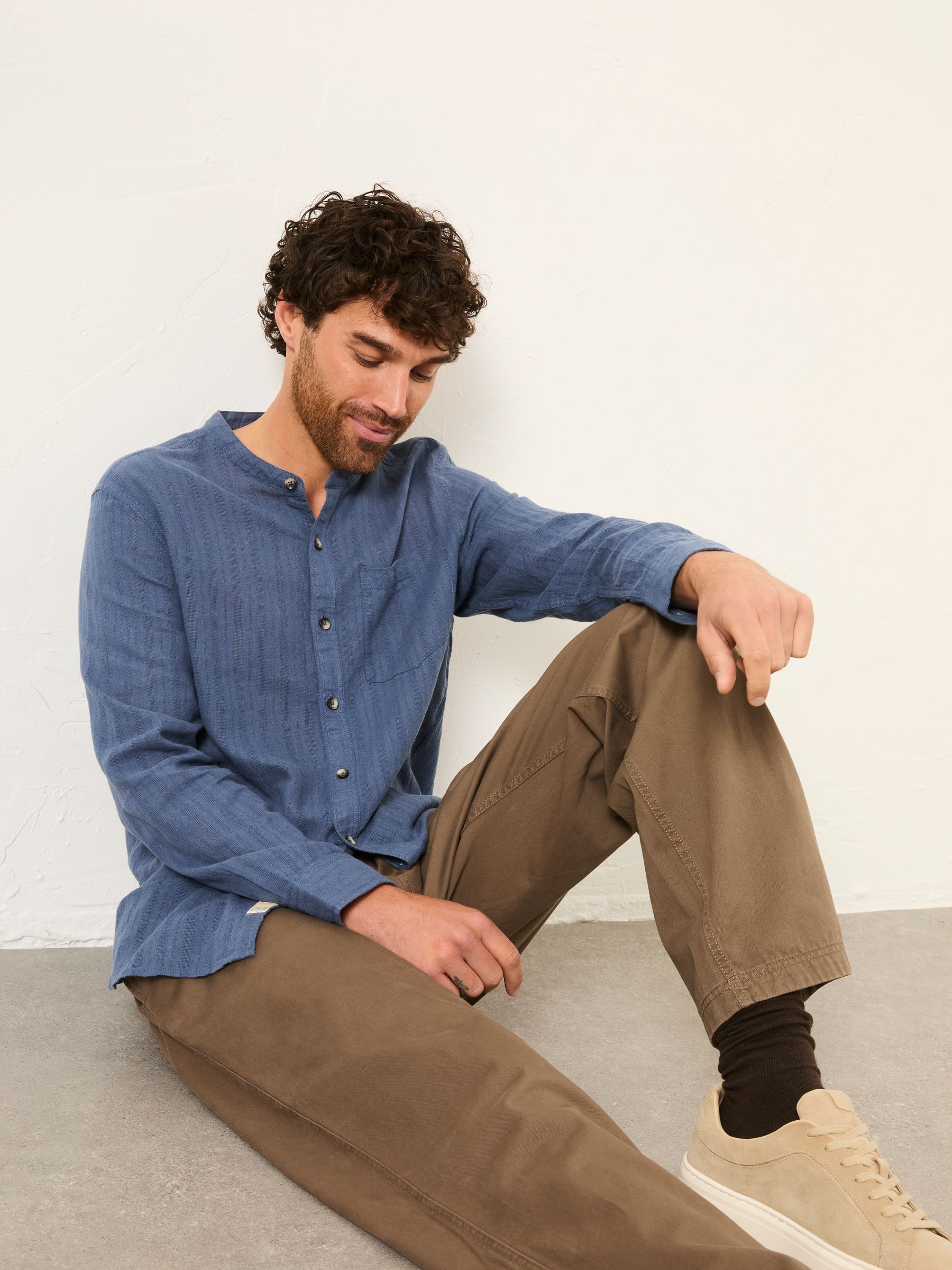 Bugle Denim Dark Blue Self Stripe Long Sleeve Grandad Linen Cotton Shirt - Image 5 of 6