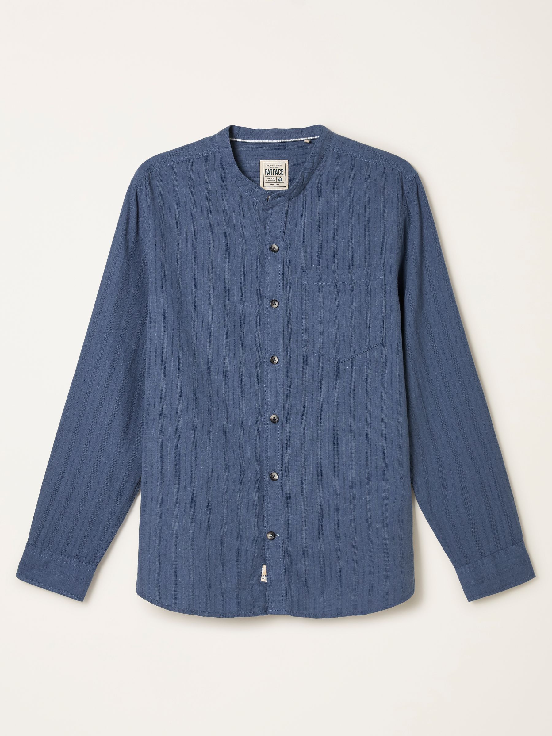 Bugle Denim Dark Blue Self Stripe Long Sleeve Grandad Linen Cotton Shirt - Image 6 of 6