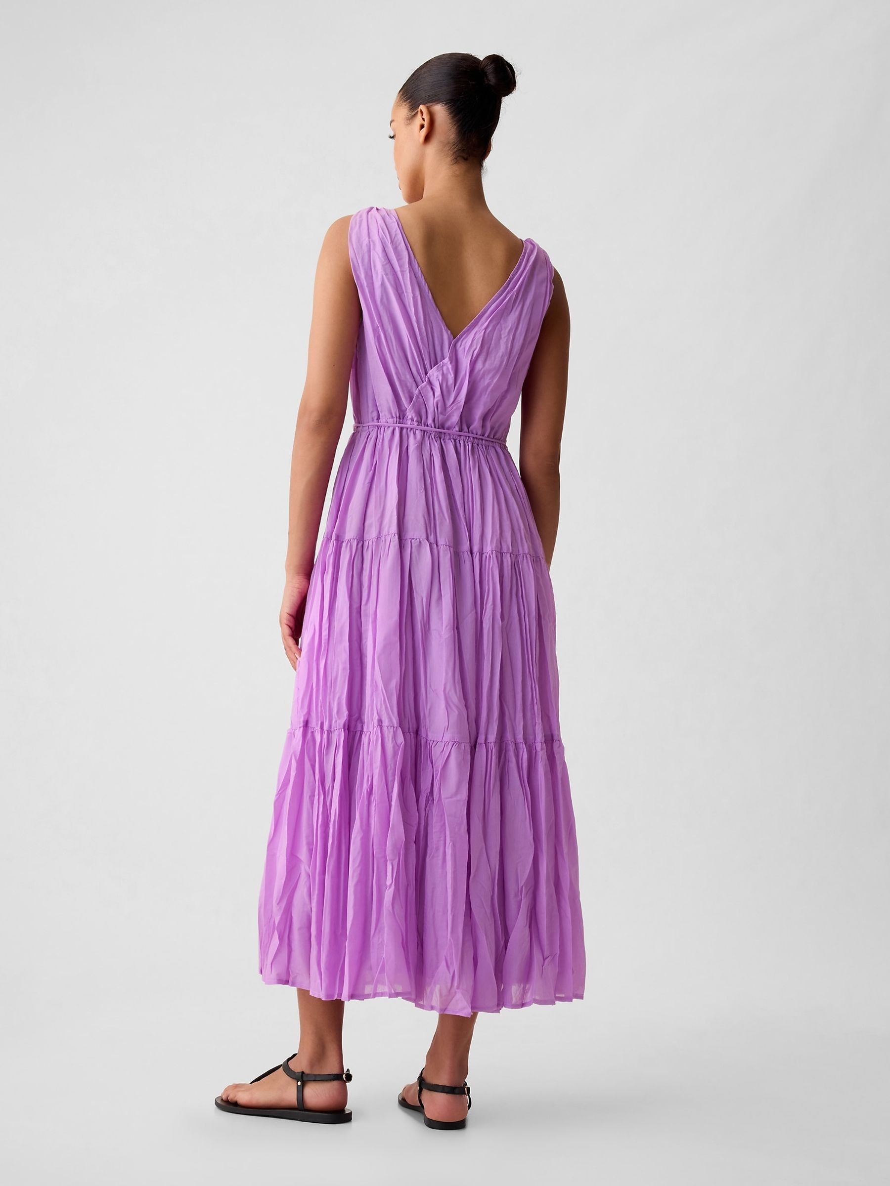 Purple Pleated Tiered V Neck Midi Dress - Image 2 of 5