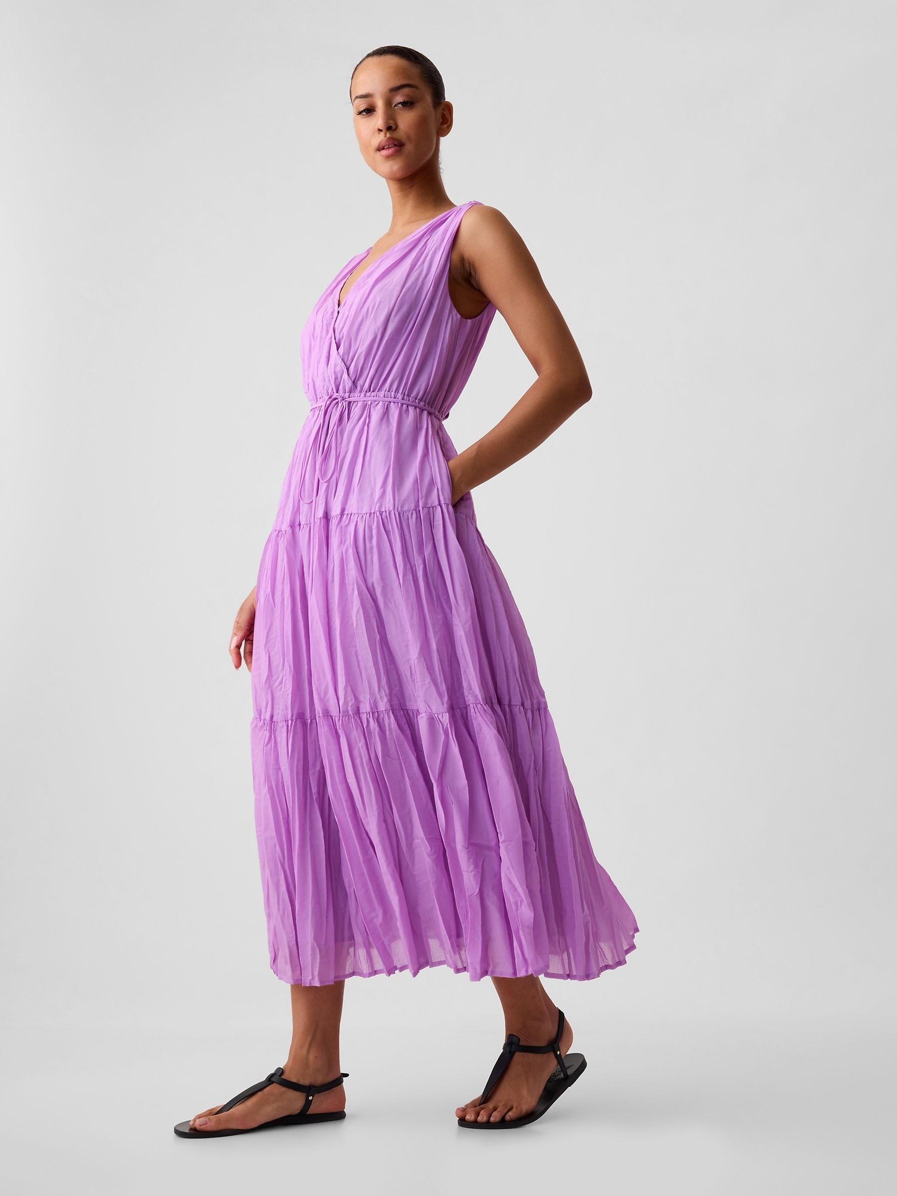 Purple Pleated Tiered V Neck Midi Dress - Image 3 of 5