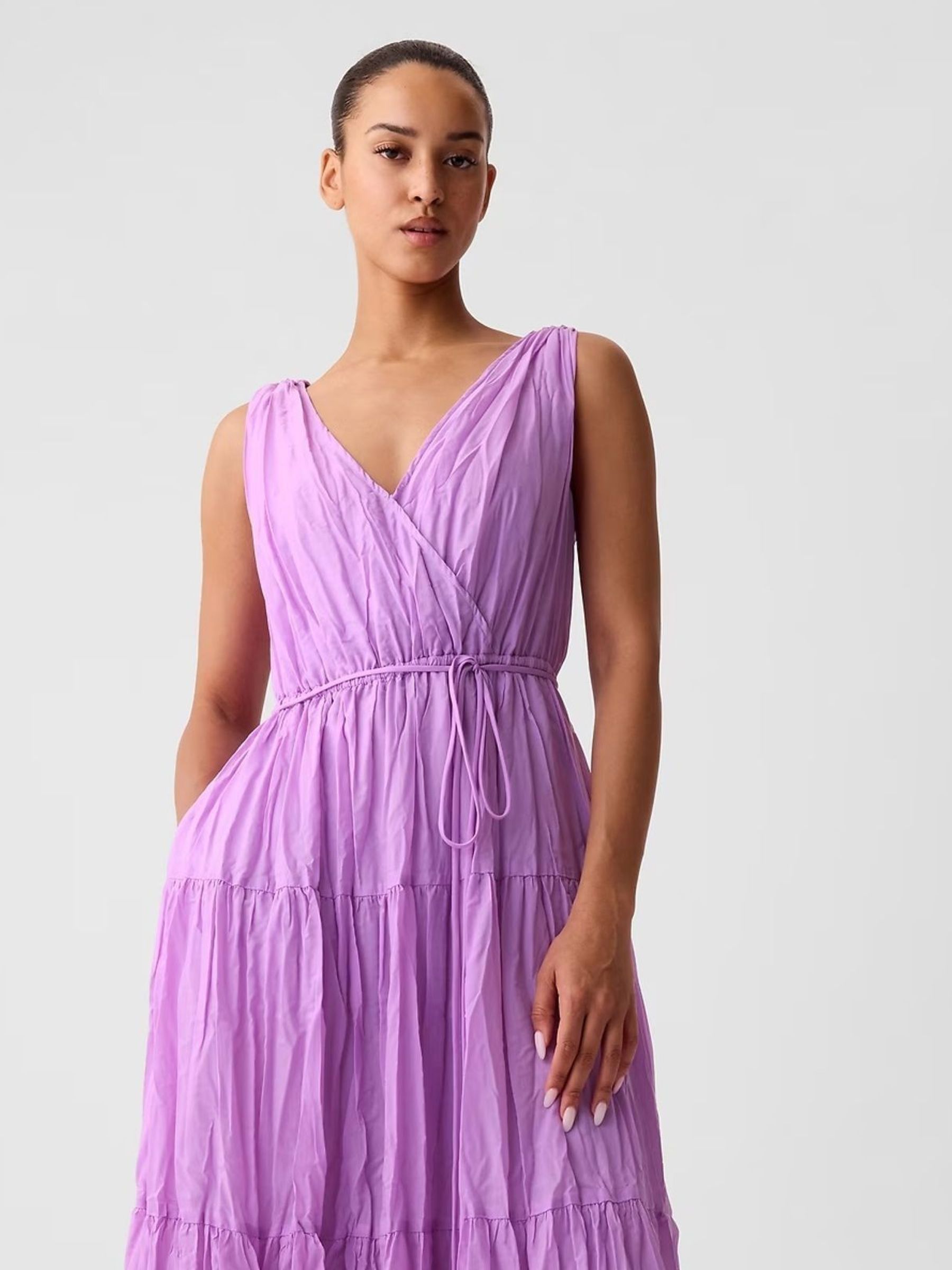 Purple Pleated Tiered V Neck Midi Dress - Image 4 of 5