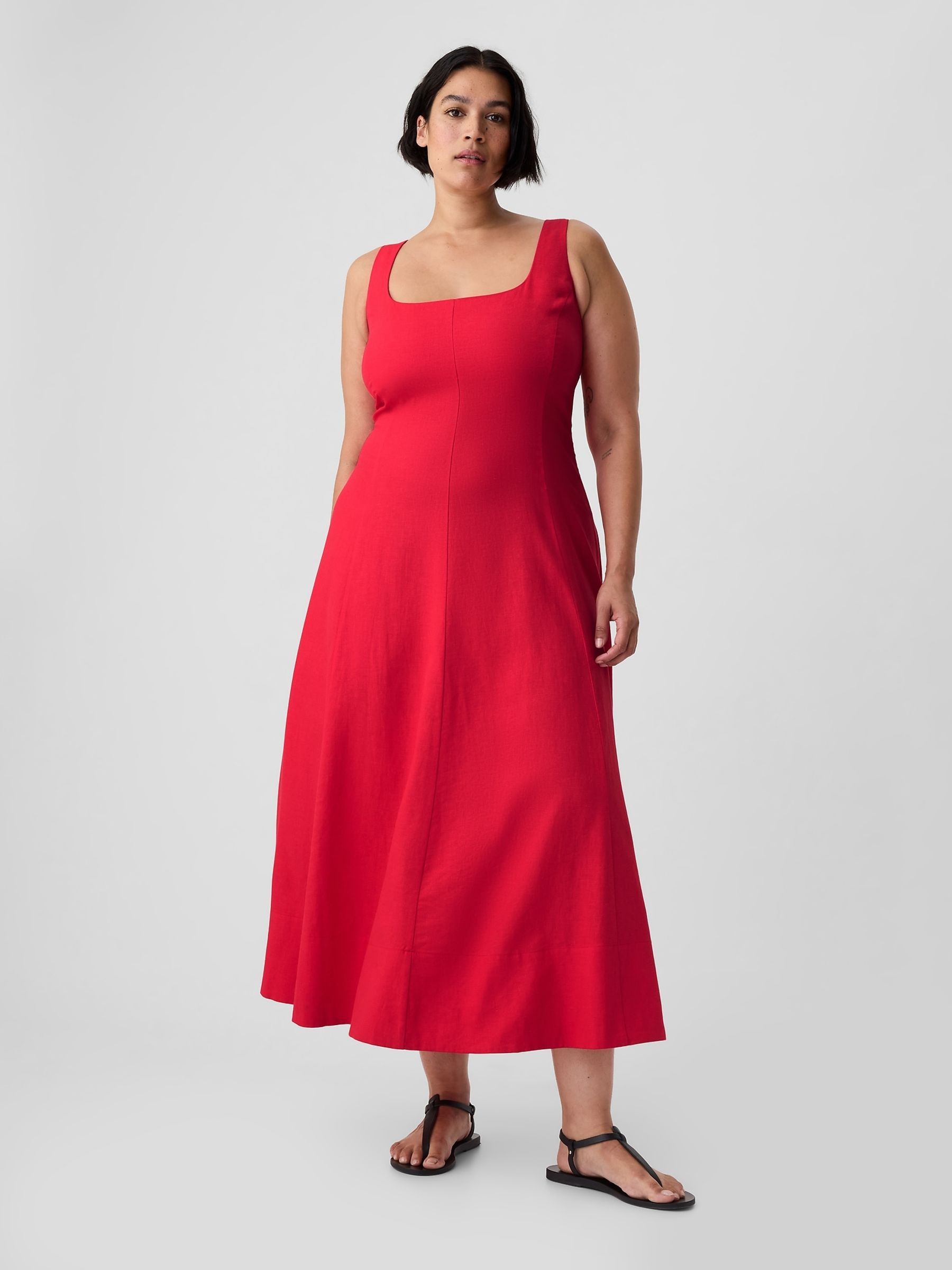 Red Linen Blend Square Neck Midi Dress | Gap Red Linen Blend Square Neck Midi Dress | Gap