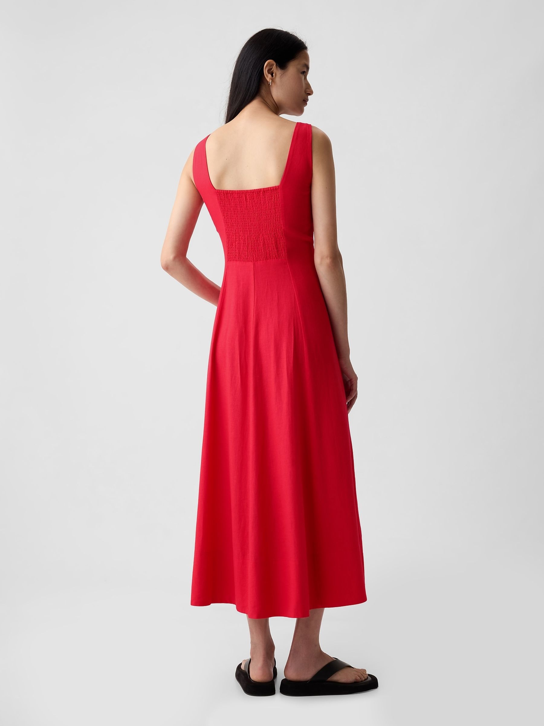 Red Linen Blend Square Neck Midi Dress - Image 2 of 5