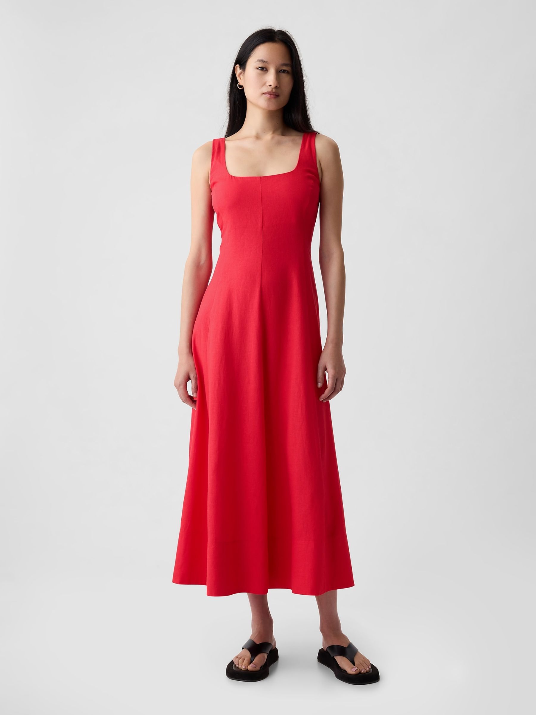 Red Linen Blend Square Neck Midi Dress - Image 3 of 5