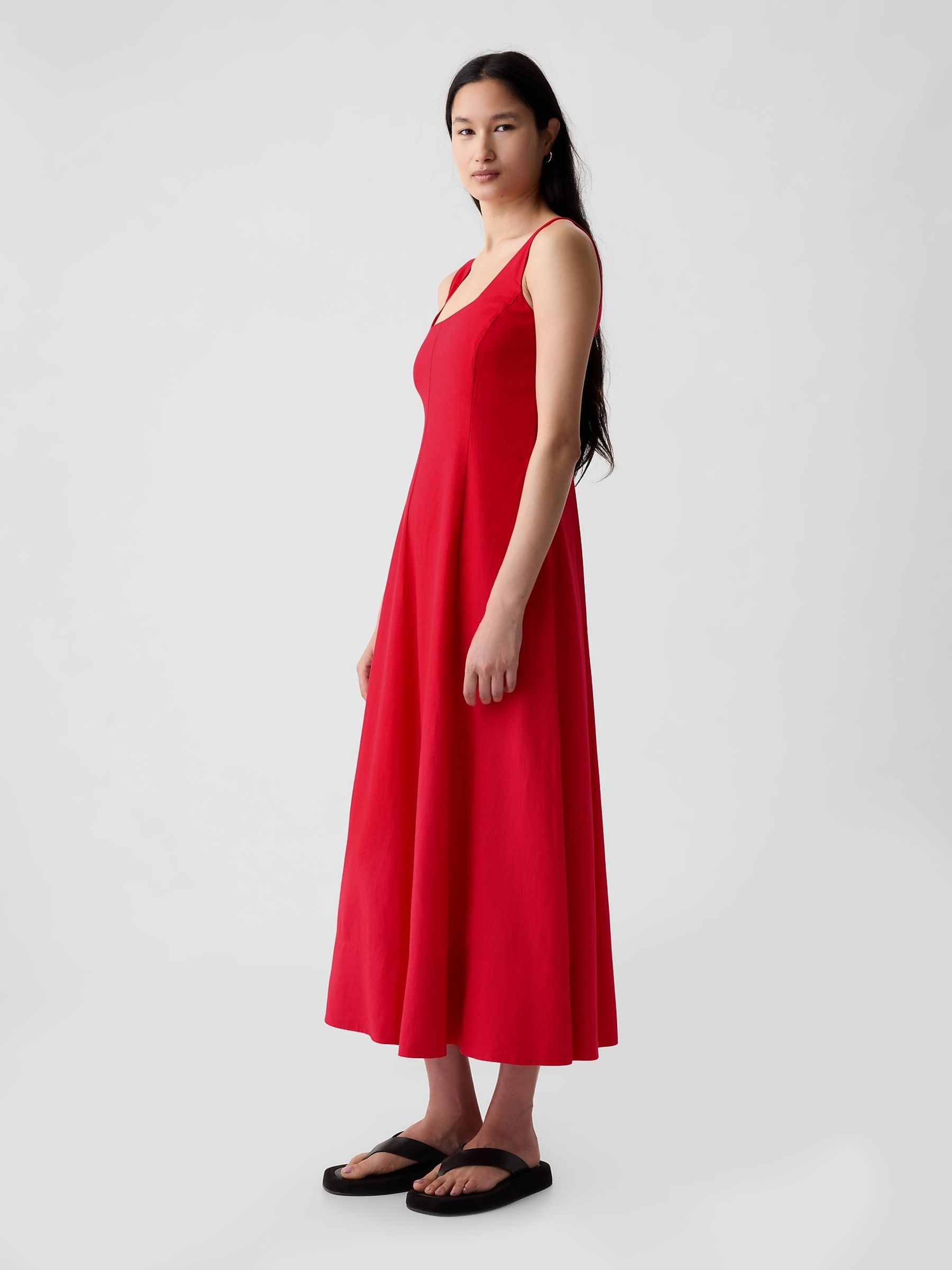 Red Linen Blend Square Neck Midi Dress - Image 4 of 5