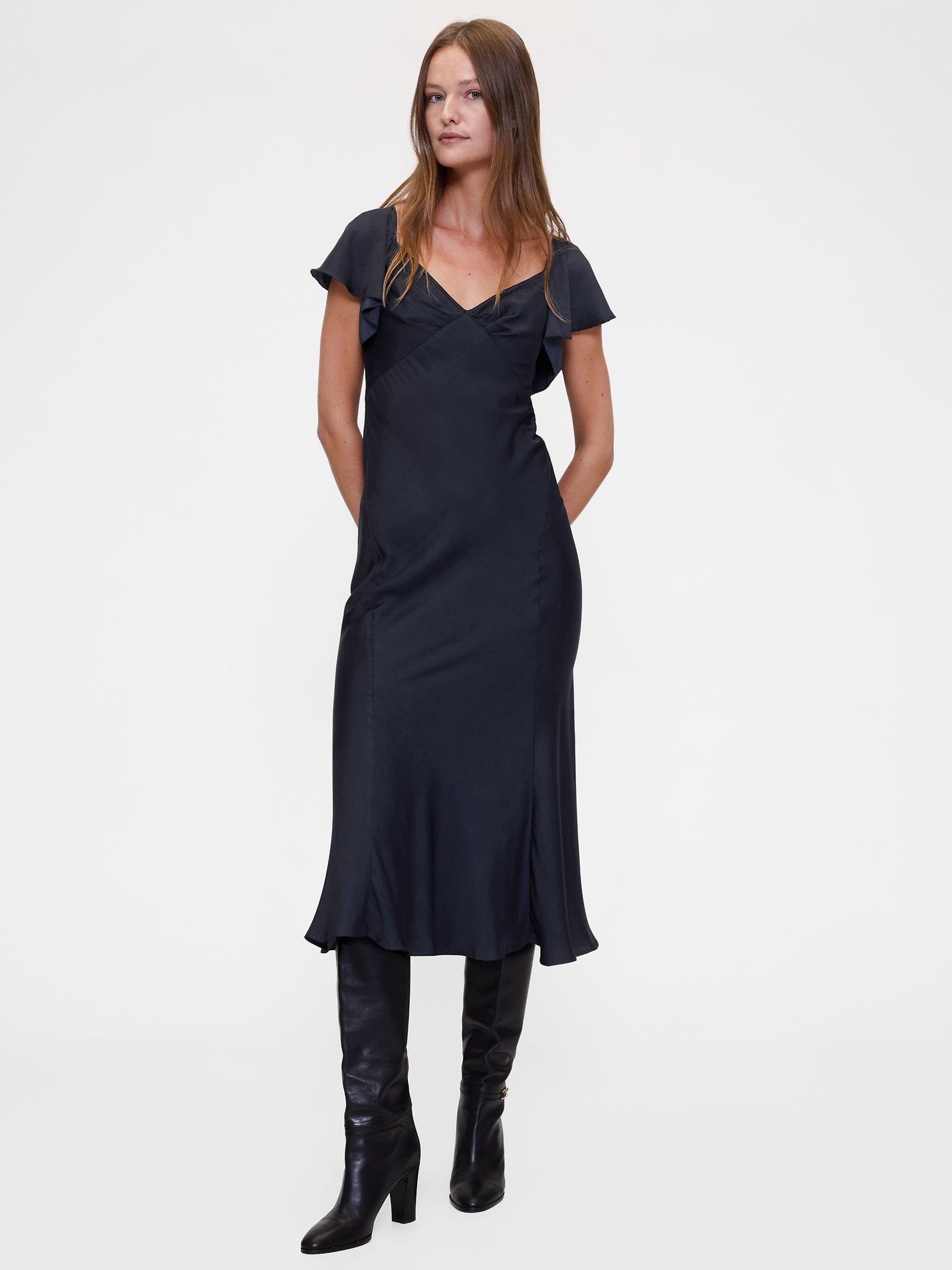 Navy Blue Satin Sweetheart Neckline Midi Dress - Image 1 of 6