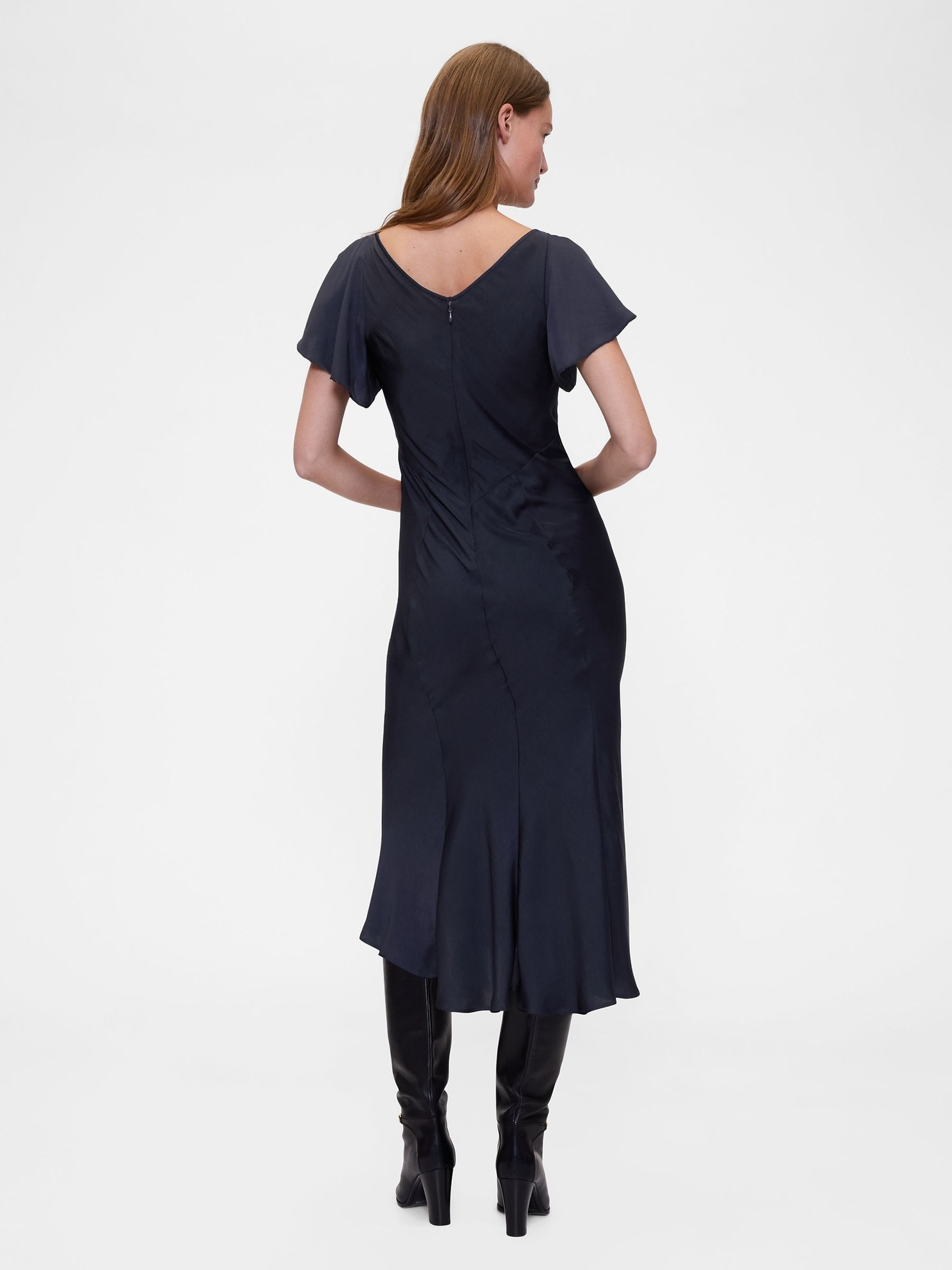 Navy Blue Satin Sweetheart Neckline Midi Dress - Image 2 of 6