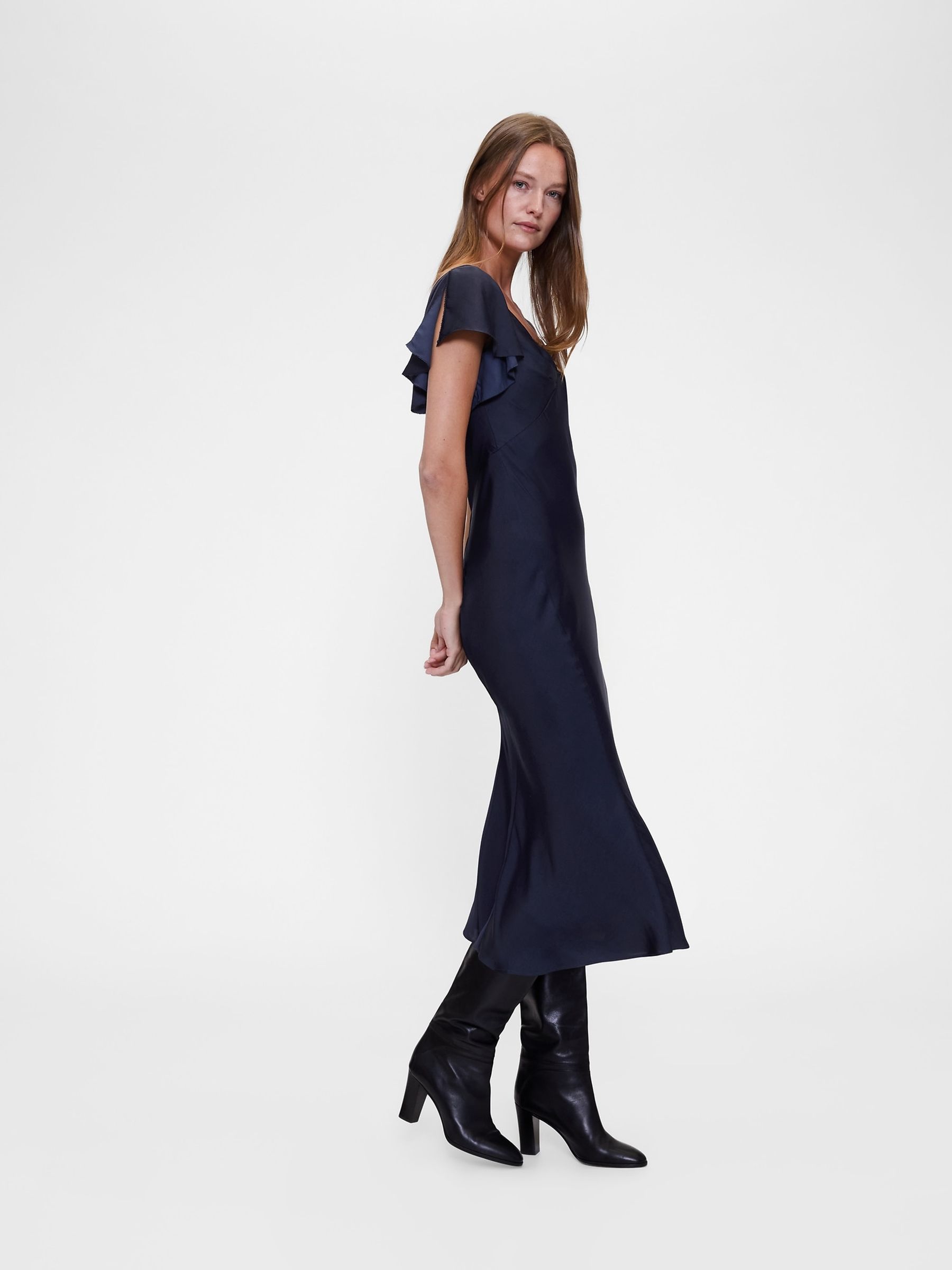 Navy Blue Satin Sweetheart Neckline Midi Dress - Image 3 of 6