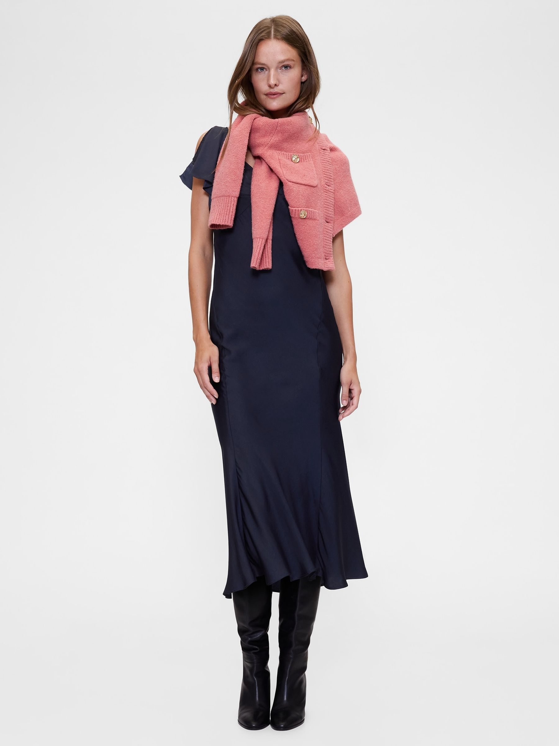 Navy Blue Satin Sweetheart Neckline Midi Dress - Image 4 of 6