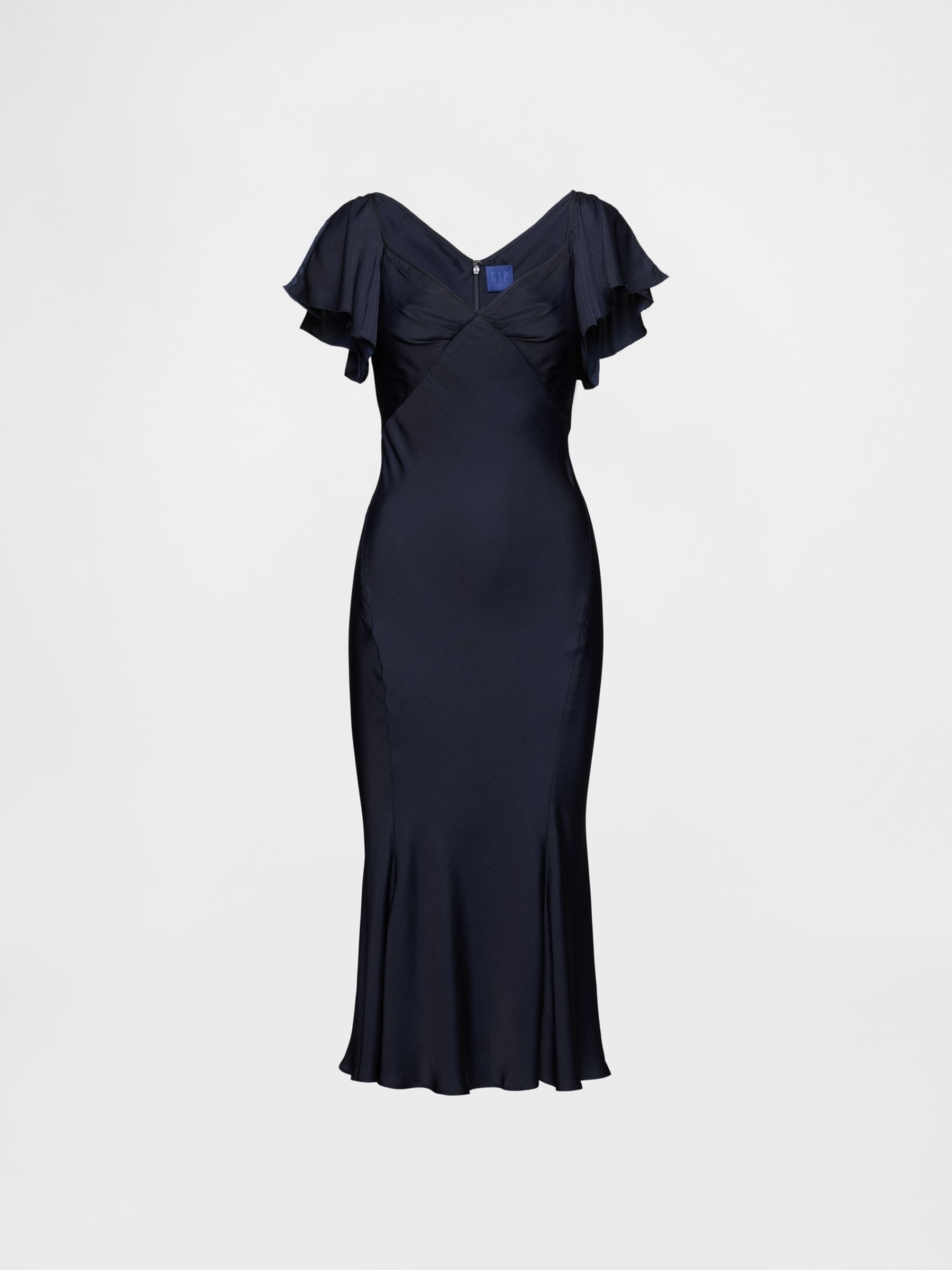 Navy Blue Satin Sweetheart Neckline Midi Dress - Image 6 of 6