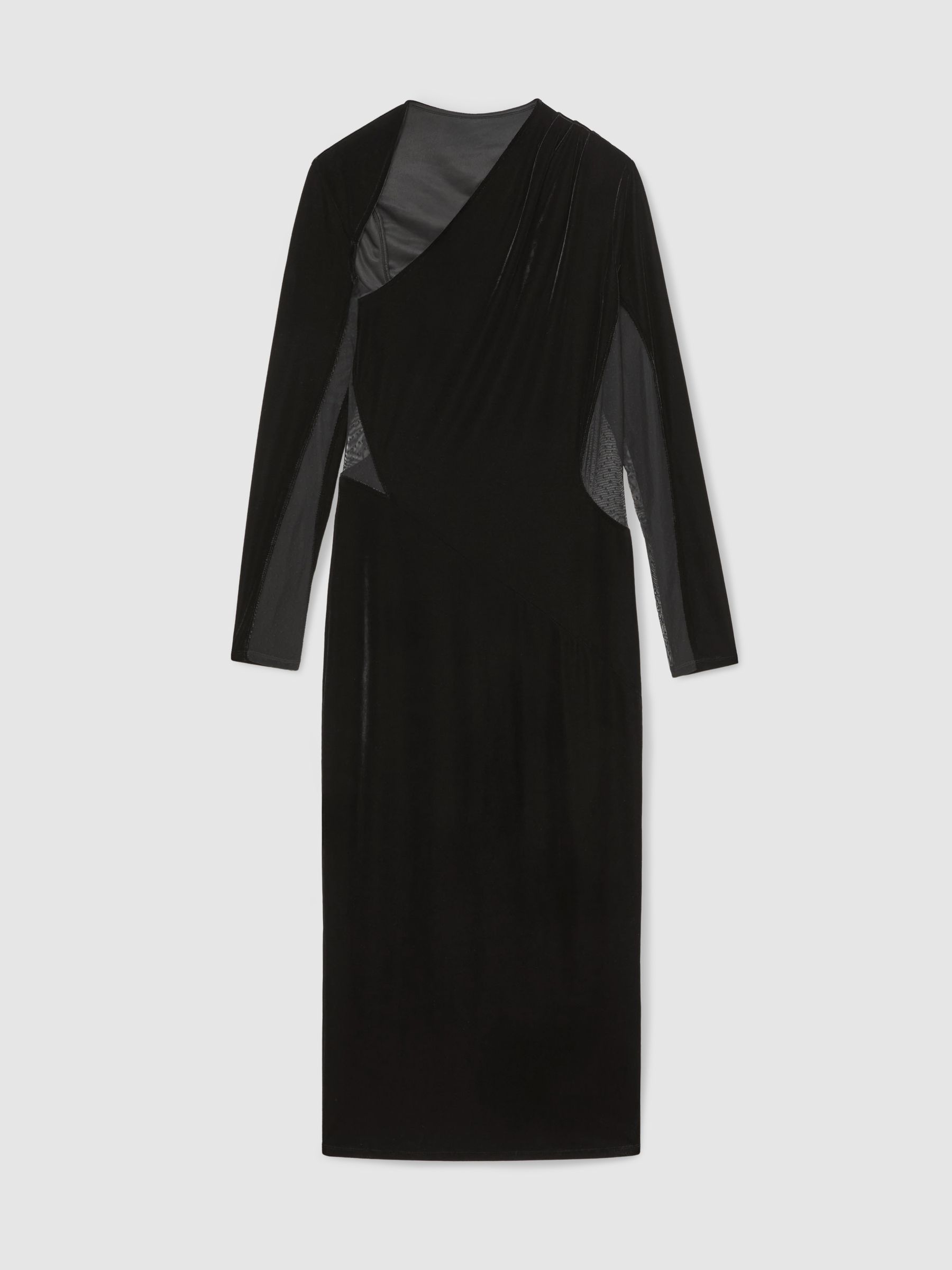 Petite Velvet Sheer-Panel Cut-Out Midi Dress in Black - Image 2 of 9