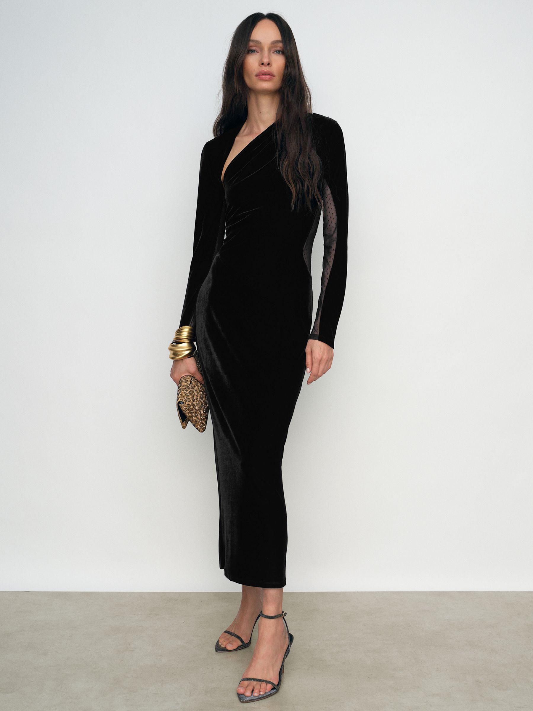 Petite Velvet Sheer-Panel Cut-Out Midi Dress in Black - Image 3 of 9