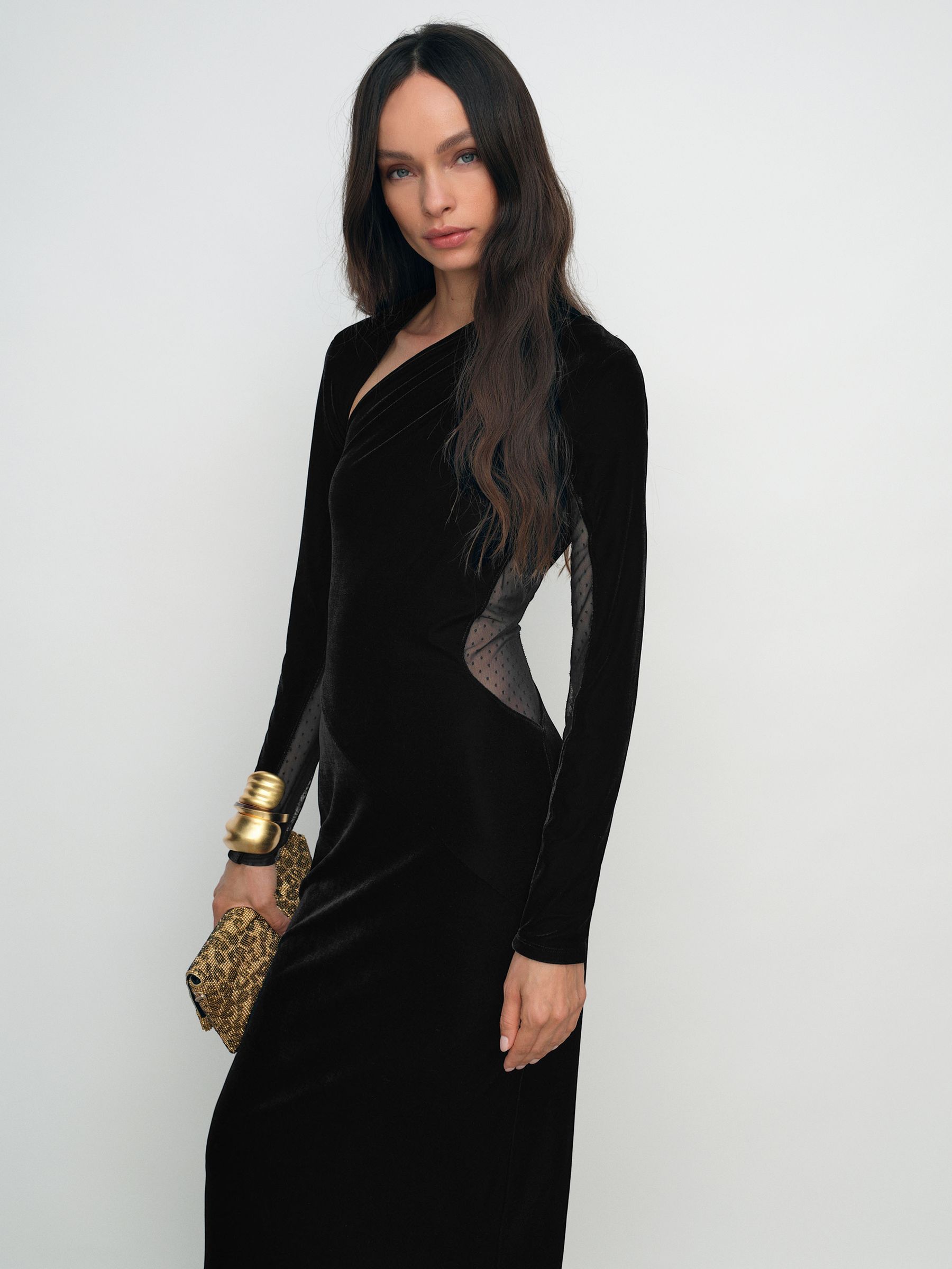 Petite Velvet Sheer-Panel Cut-Out Midi Dress in Black - Image 5 of 9