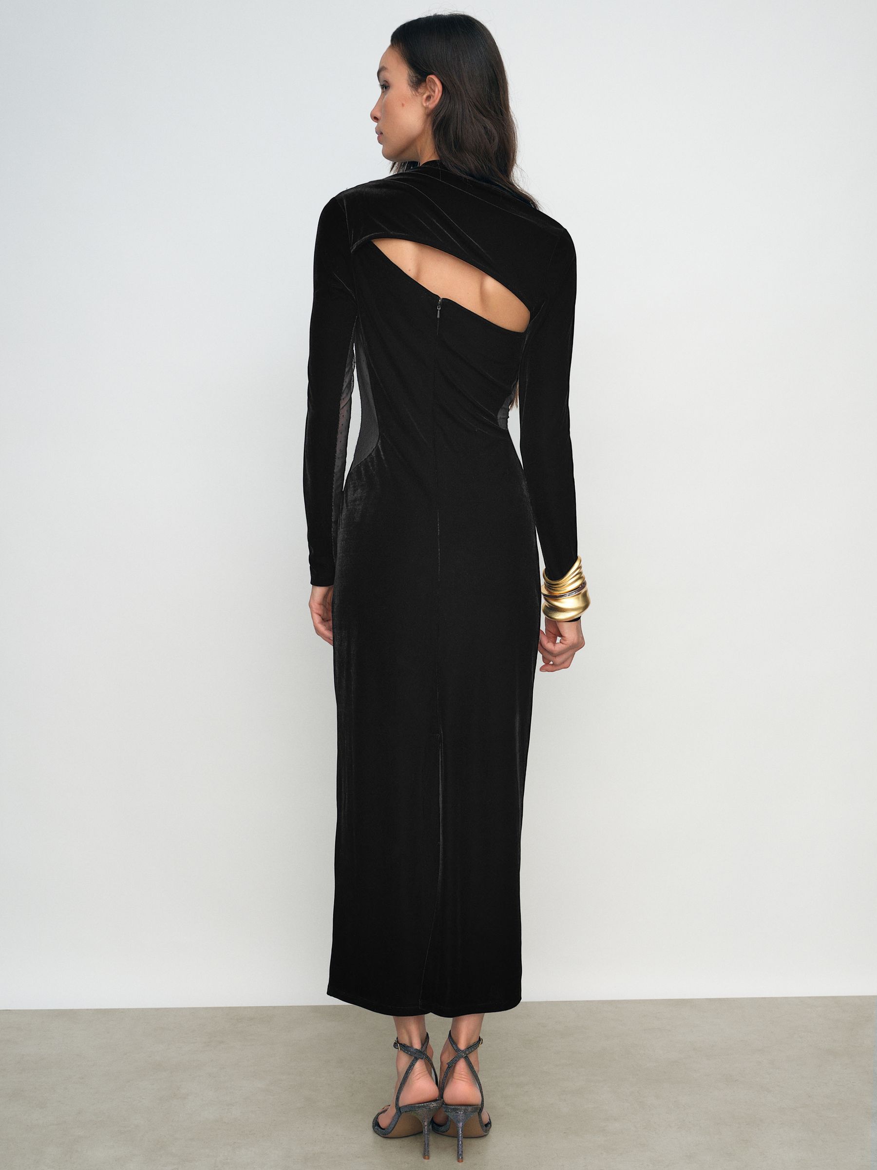 Petite Velvet Sheer-Panel Cut-Out Midi Dress in Black - Image 6 of 9