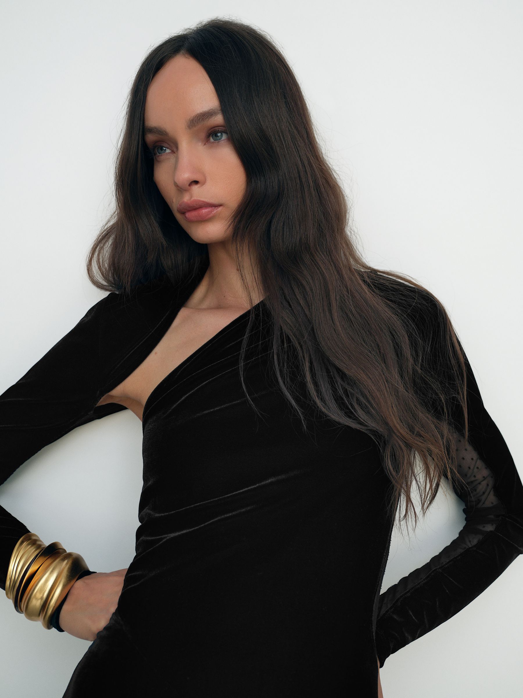 Petite Velvet Sheer-Panel Cut-Out Midi Dress in Black - Image 7 of 9