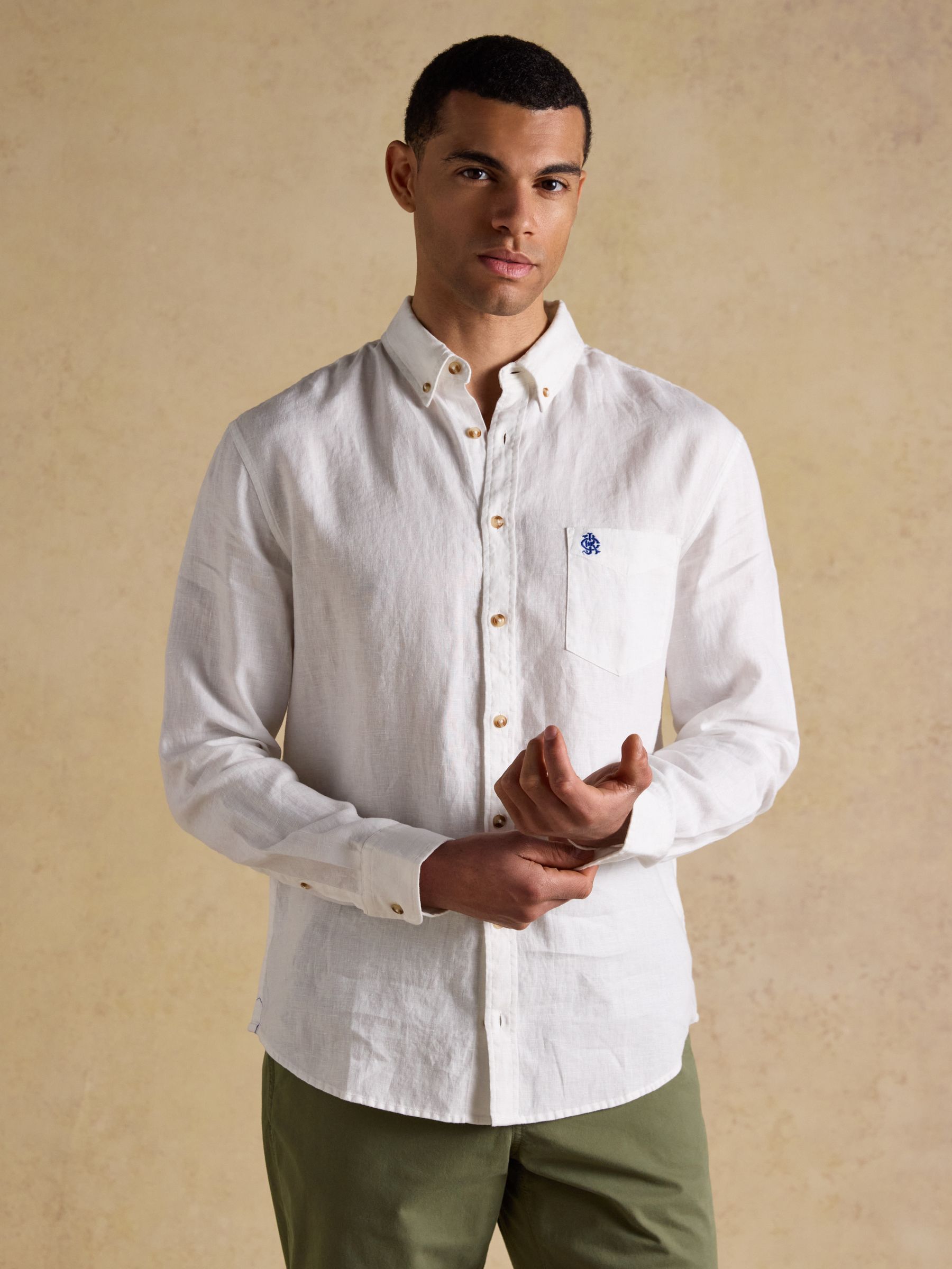 White 100% Linen Long Sleeve Classic Fit Shirt - Image 1 of 9