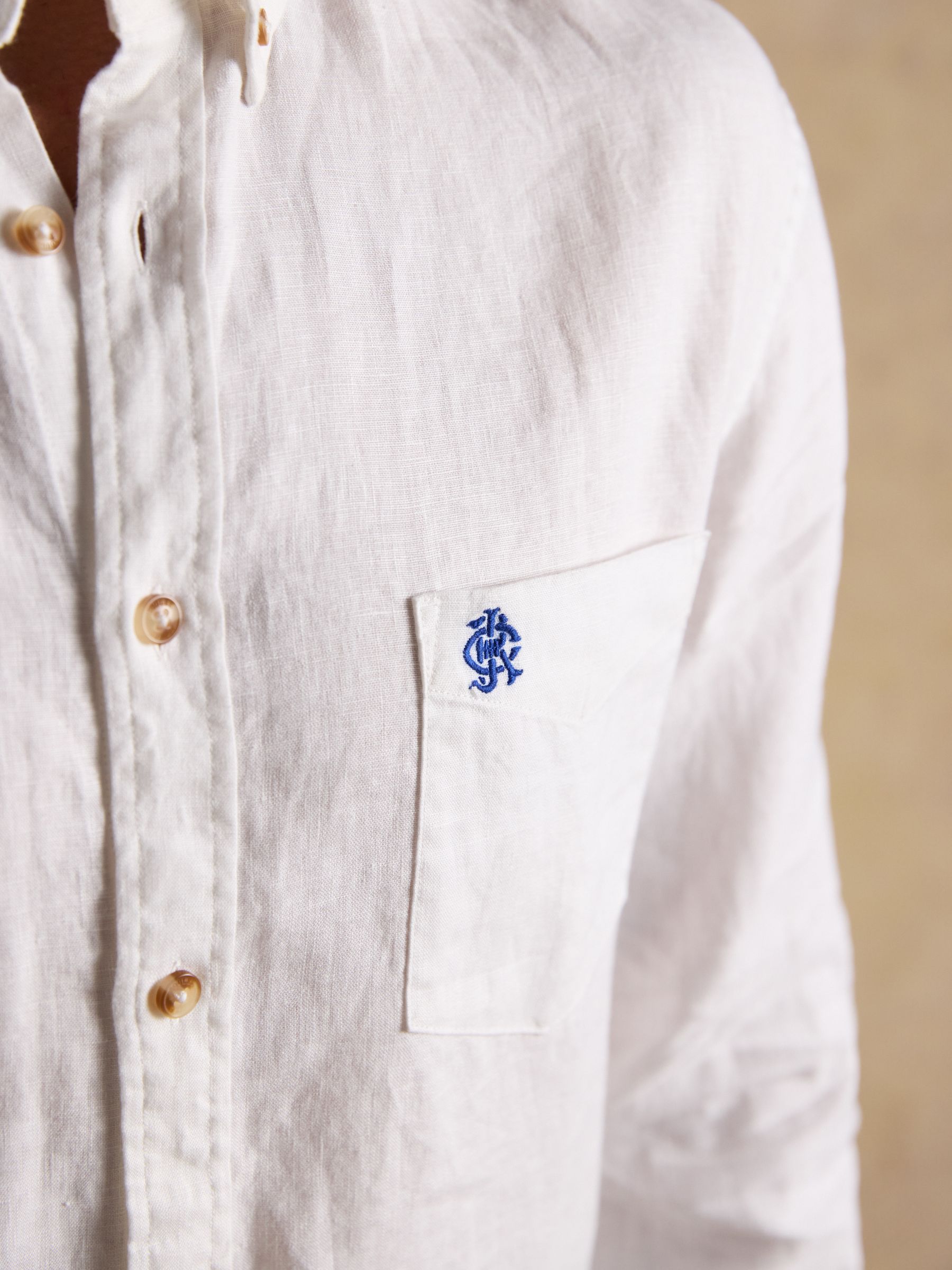 White 100% Linen Long Sleeve Classic Fit Shirt - Image 5 of 9