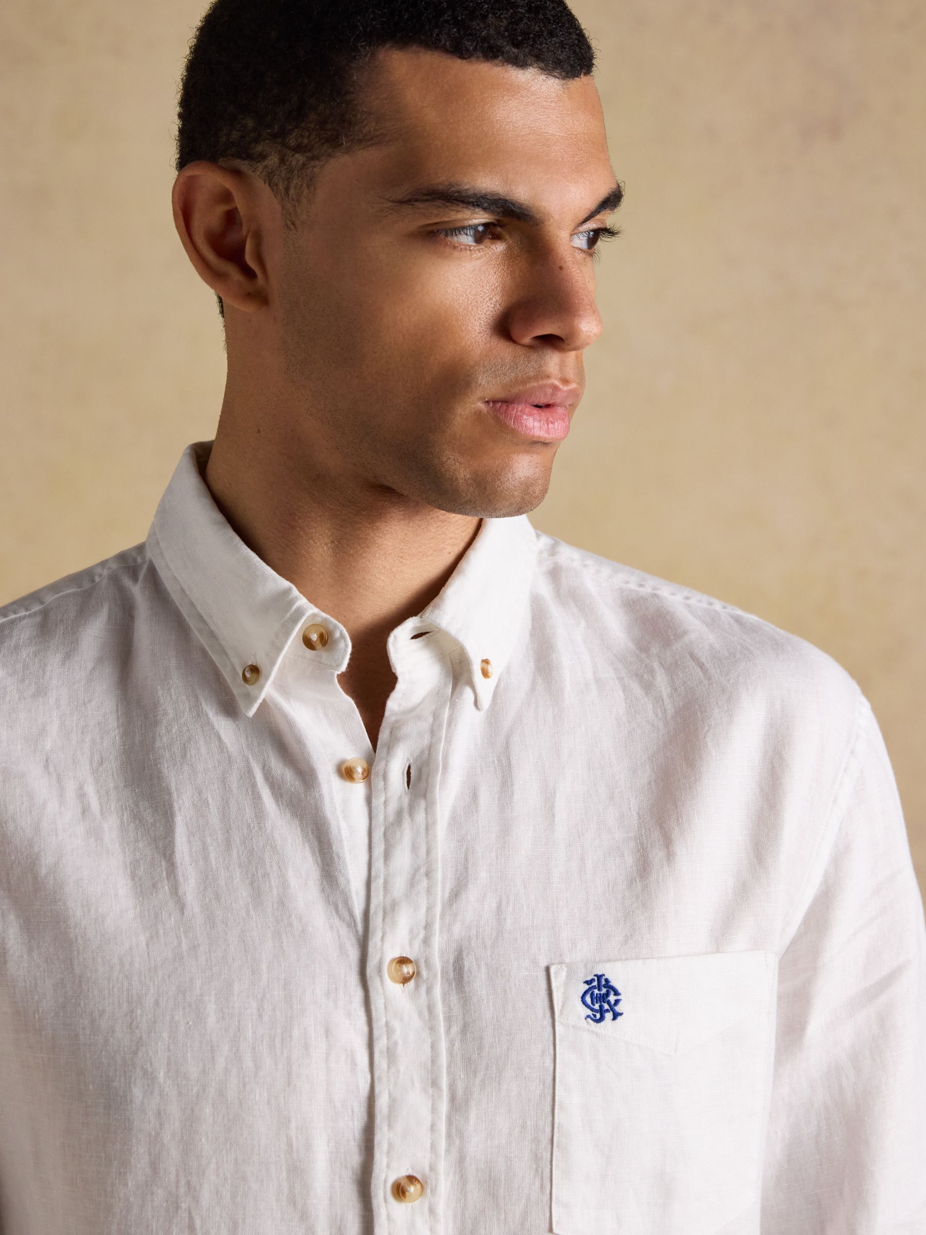 White 100% Linen Long Sleeve Classic Fit Shirt - Image 6 of 9