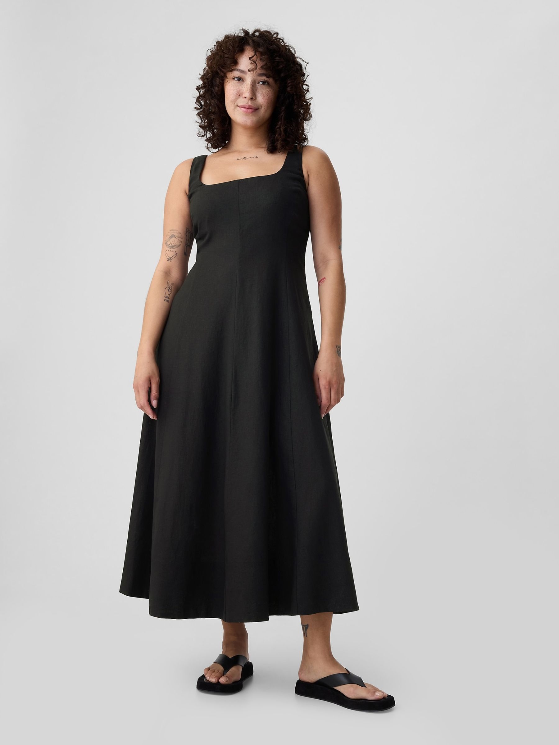 Black Linen Blend Square Neck Midi Dress - Image 1 of 1