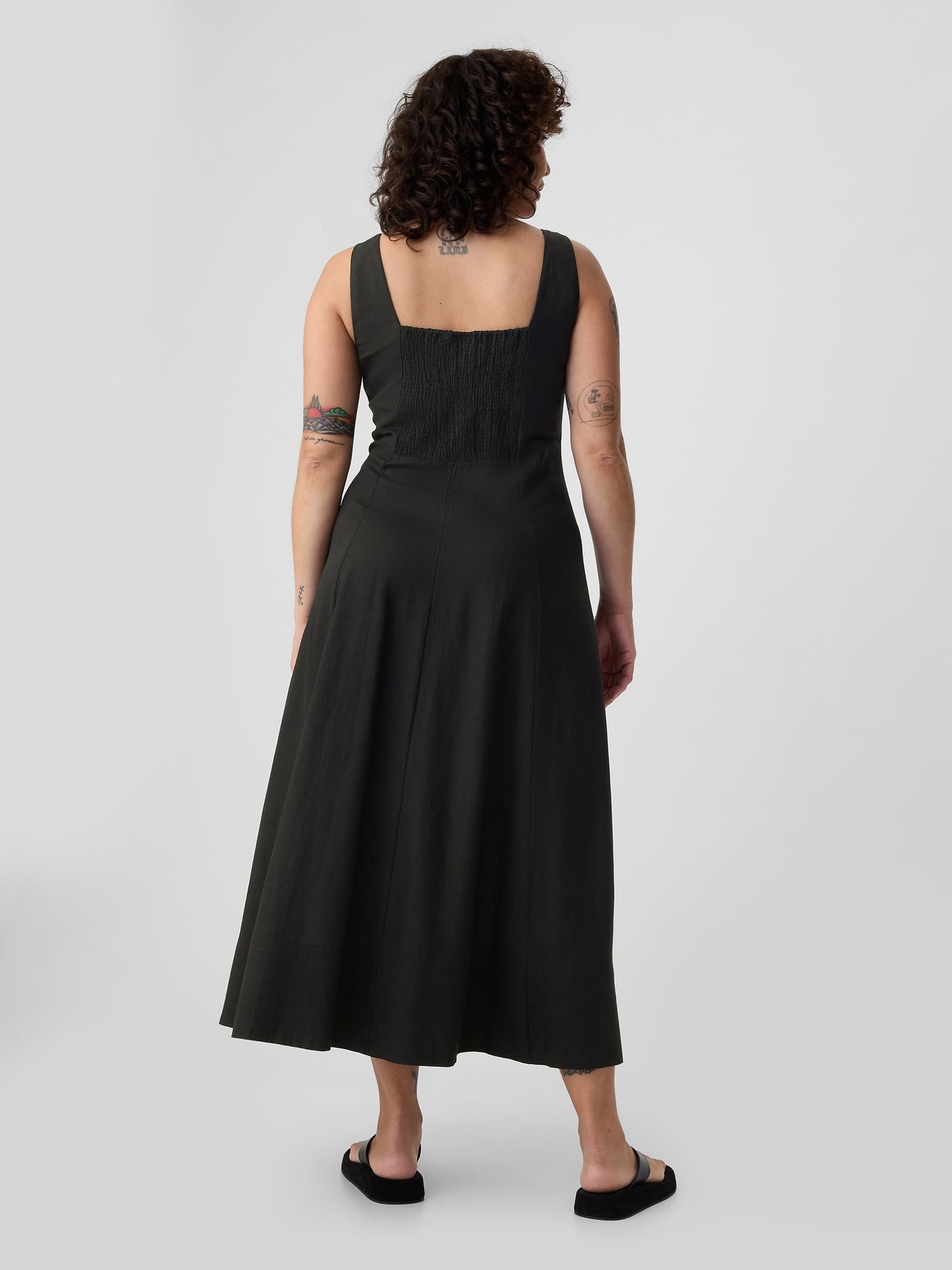 Black Linen Blend Square Neck Midi Dress - Image 2 of 5