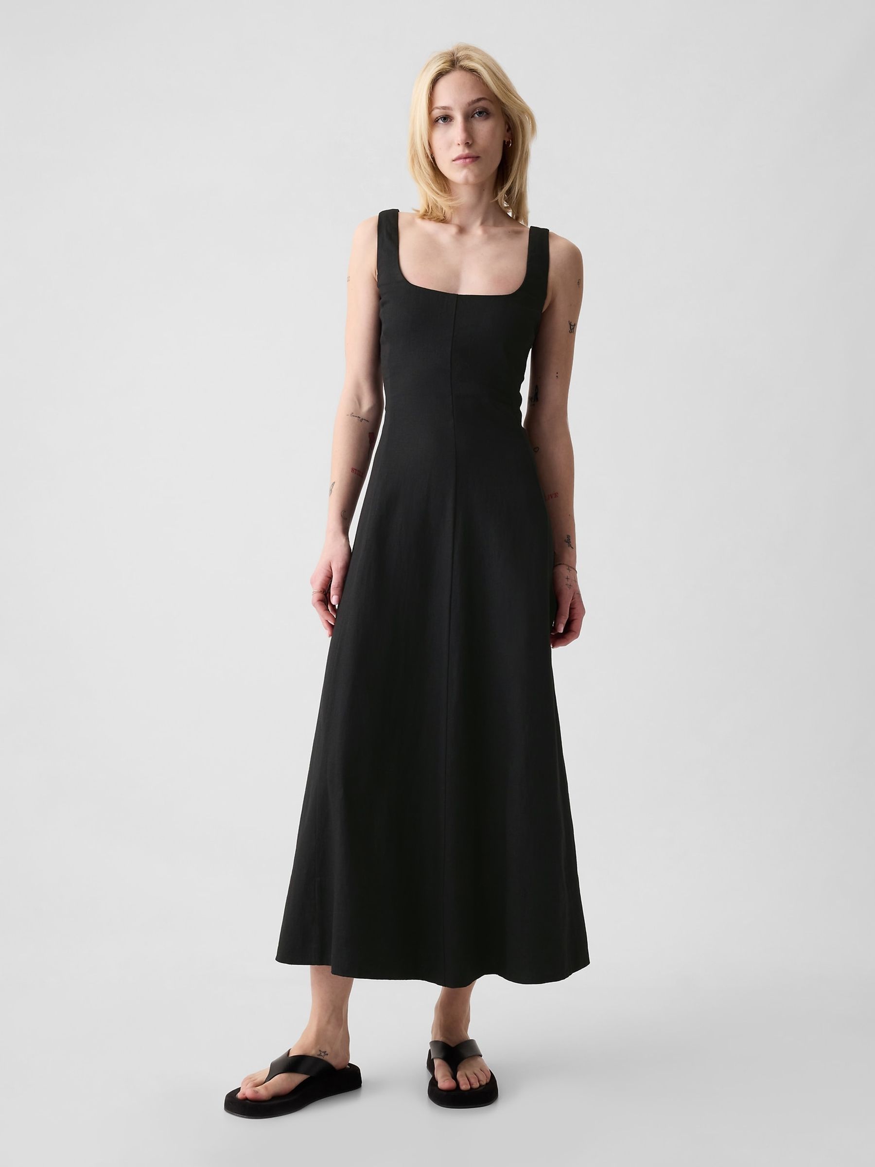 Black Linen Blend Square Neck Midi Dress - Image 3 of 5