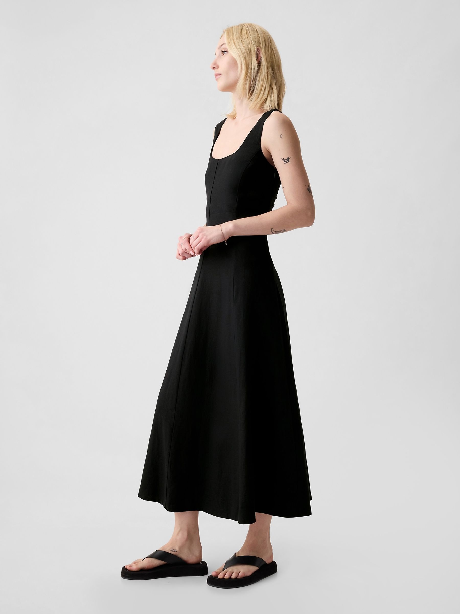 Black Linen Blend Square Neck Midi Dress - Image 4 of 5