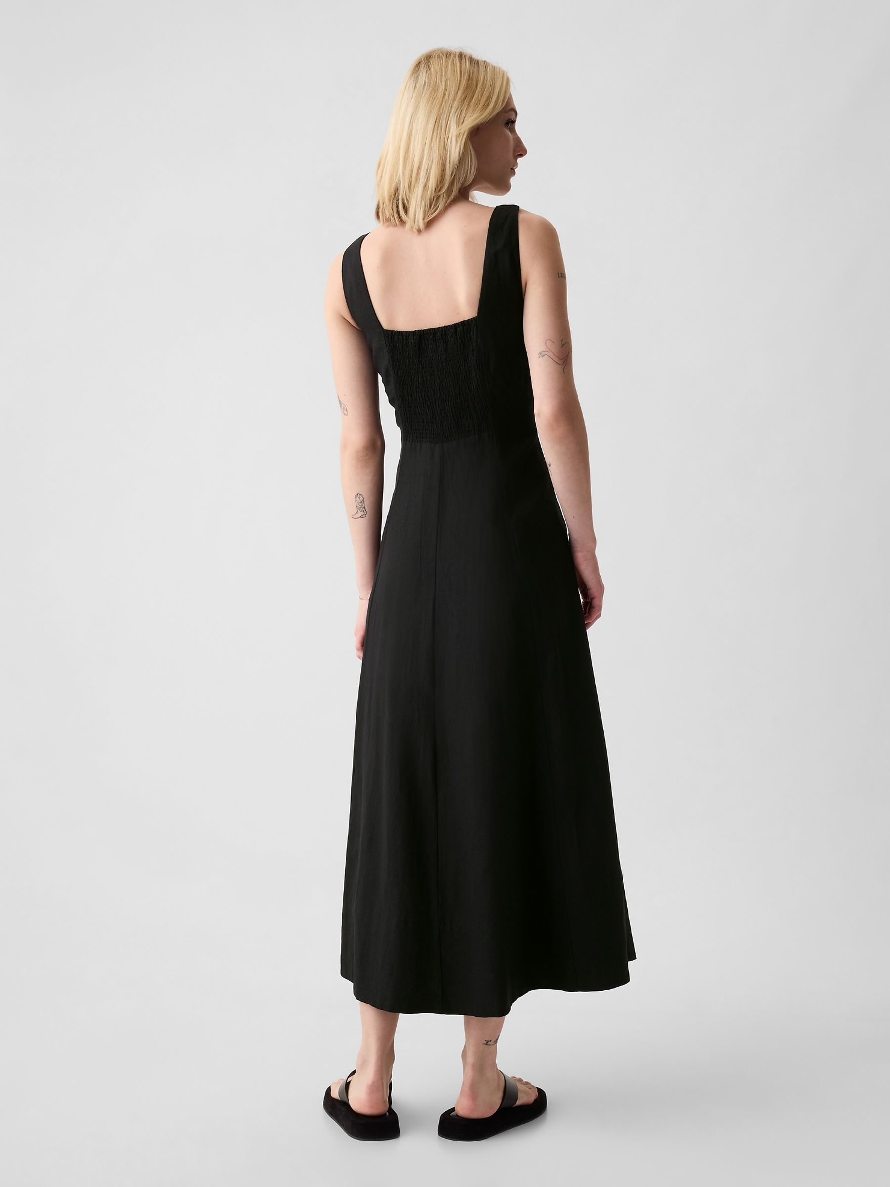 Black Linen Blend Square Neck Midi Dress - Image 5 of 5