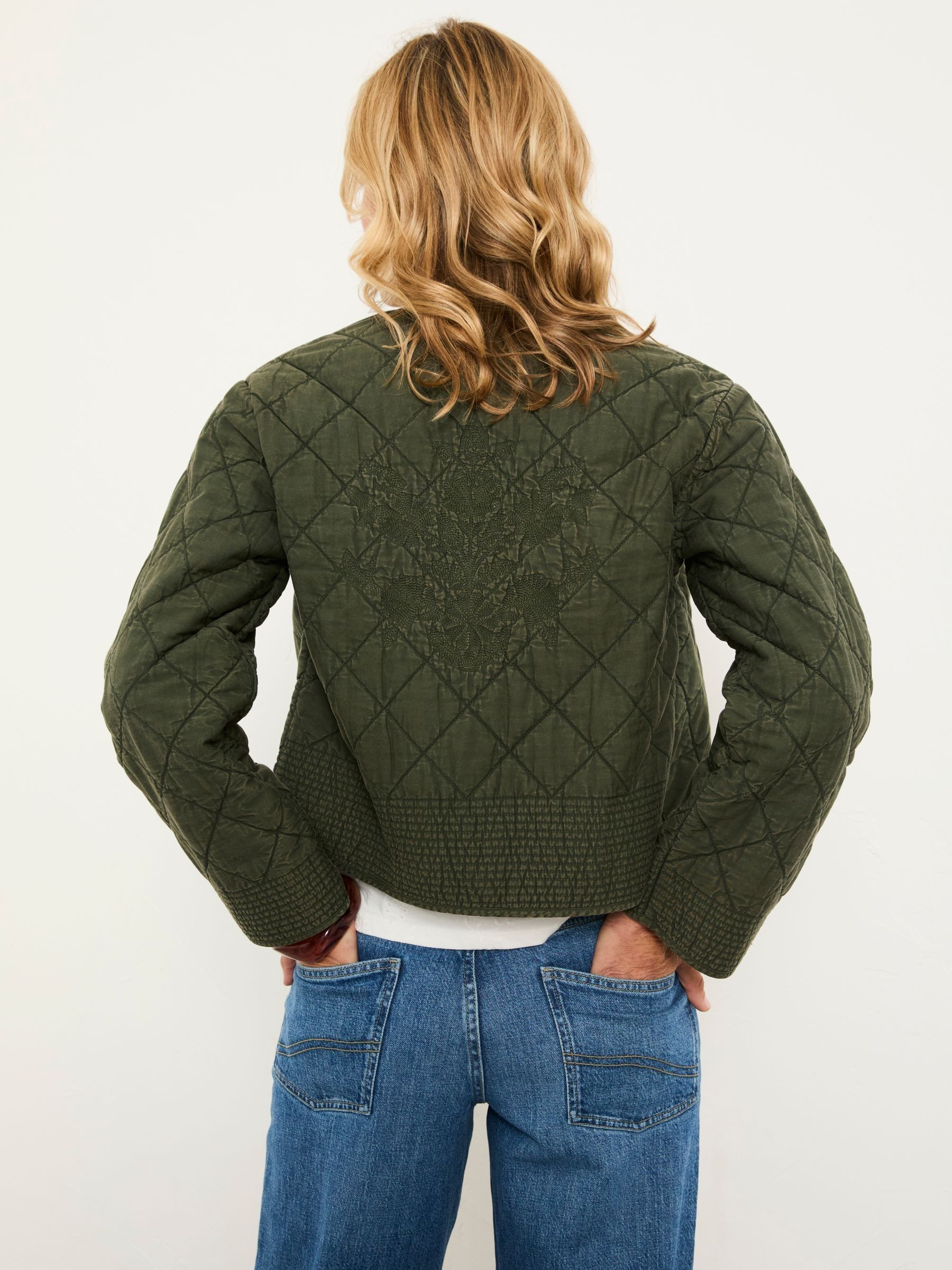 Fleur Khaki Green Petite Embroidered Quilted Jacket | FatFace Ireland