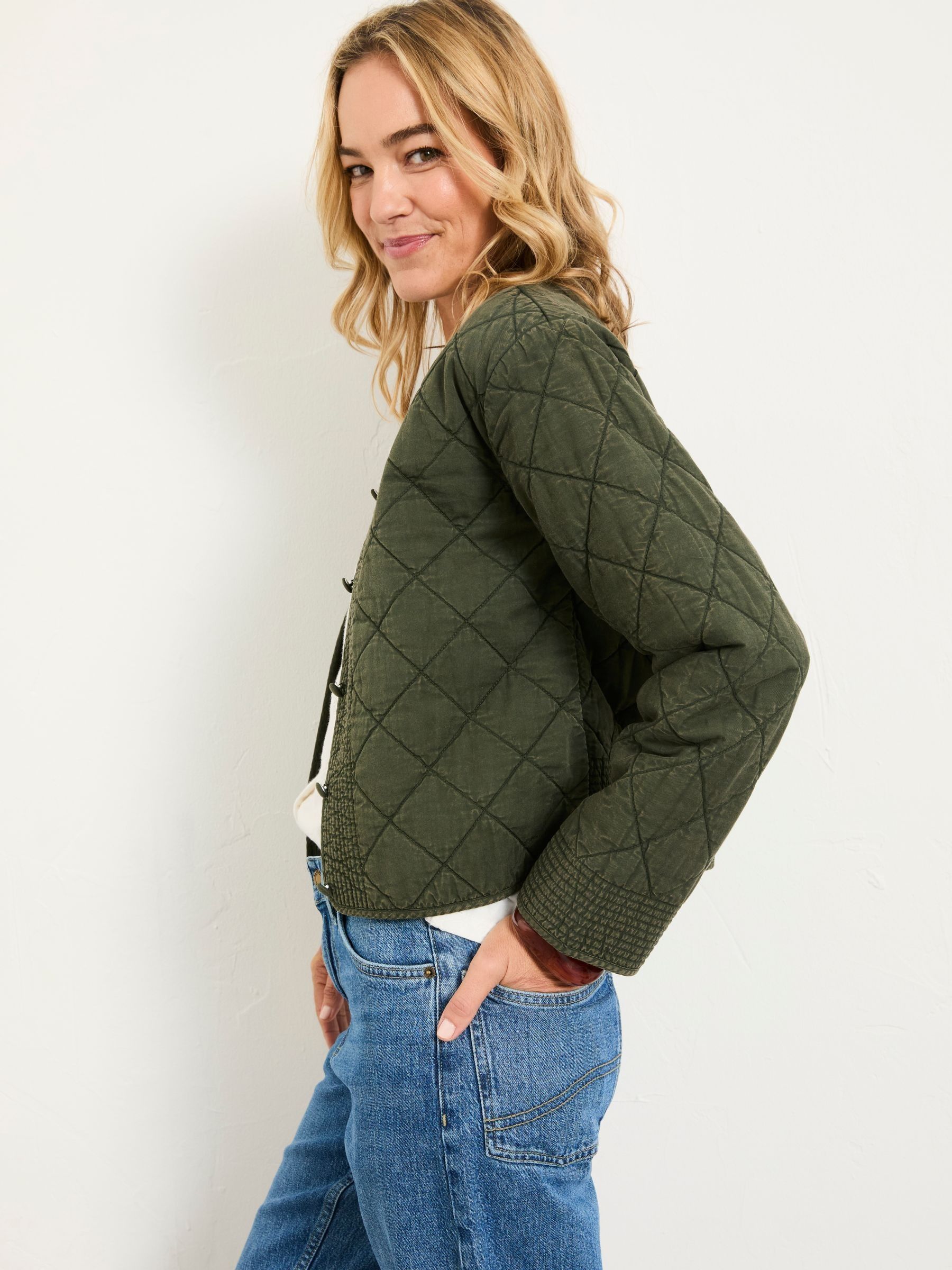 Fleur Khaki Green Petite Embroidered Quilted Jacket | FatFace Ireland