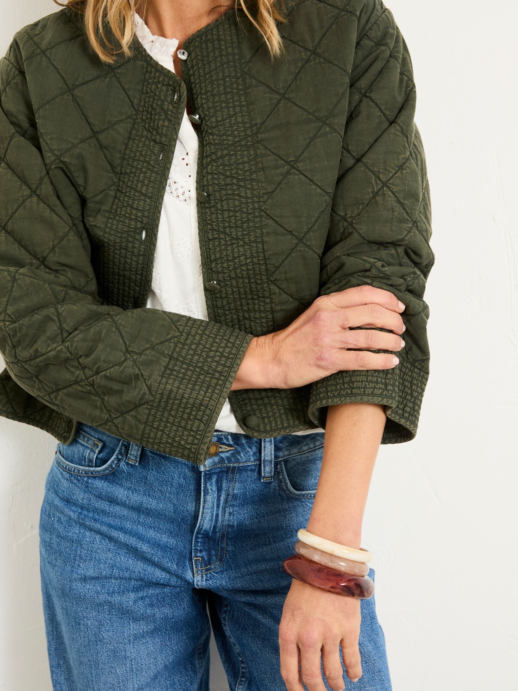 Fleur Khaki Green Petite Embroidered Quilted Jacket | FatFace Ireland