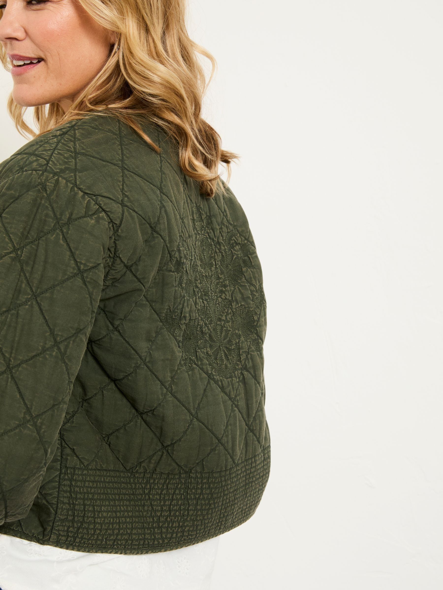 Fleur Khaki Green Petite Embroidered Quilted Jacket - Image 5 of 6
