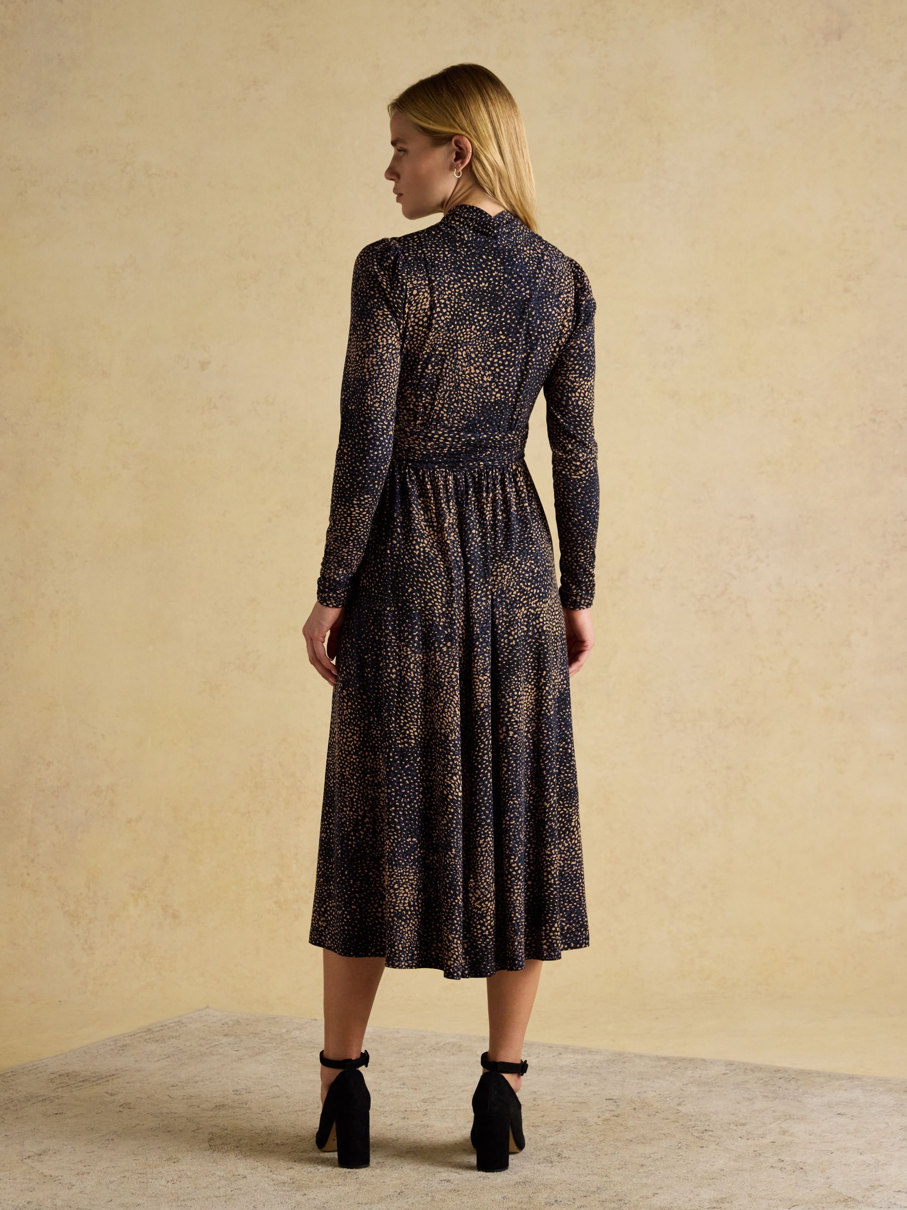 Mina Navy Jersey Ruched Waist Long Sleeve V Neck Dress - Image 2 of 8