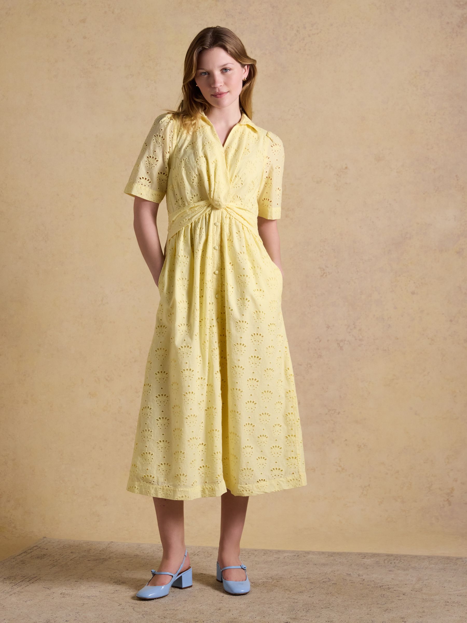 Marina White Broderie Midi Linen Blend Dress - Image 1 of 7 Marina White Broderie Midi Linen Blend Dress - Image 1 of 7