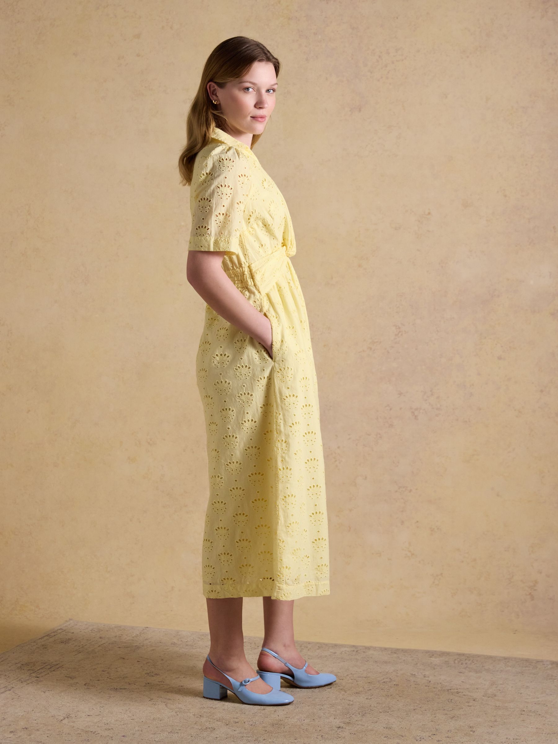 Marina White Broderie Midi Linen Blend Dress - Image 5 of 7