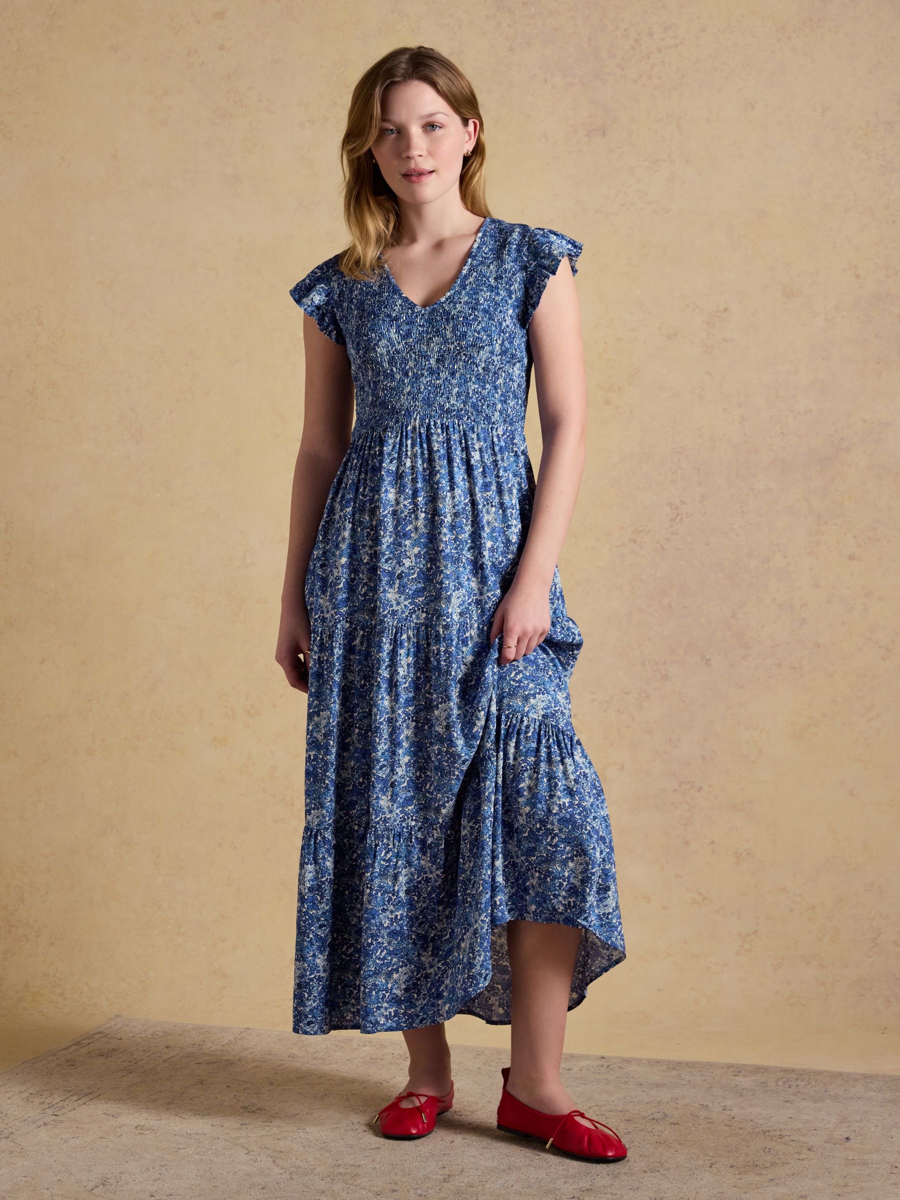 Esme Blue Shirred Maxi Dress - Image 1 of 6