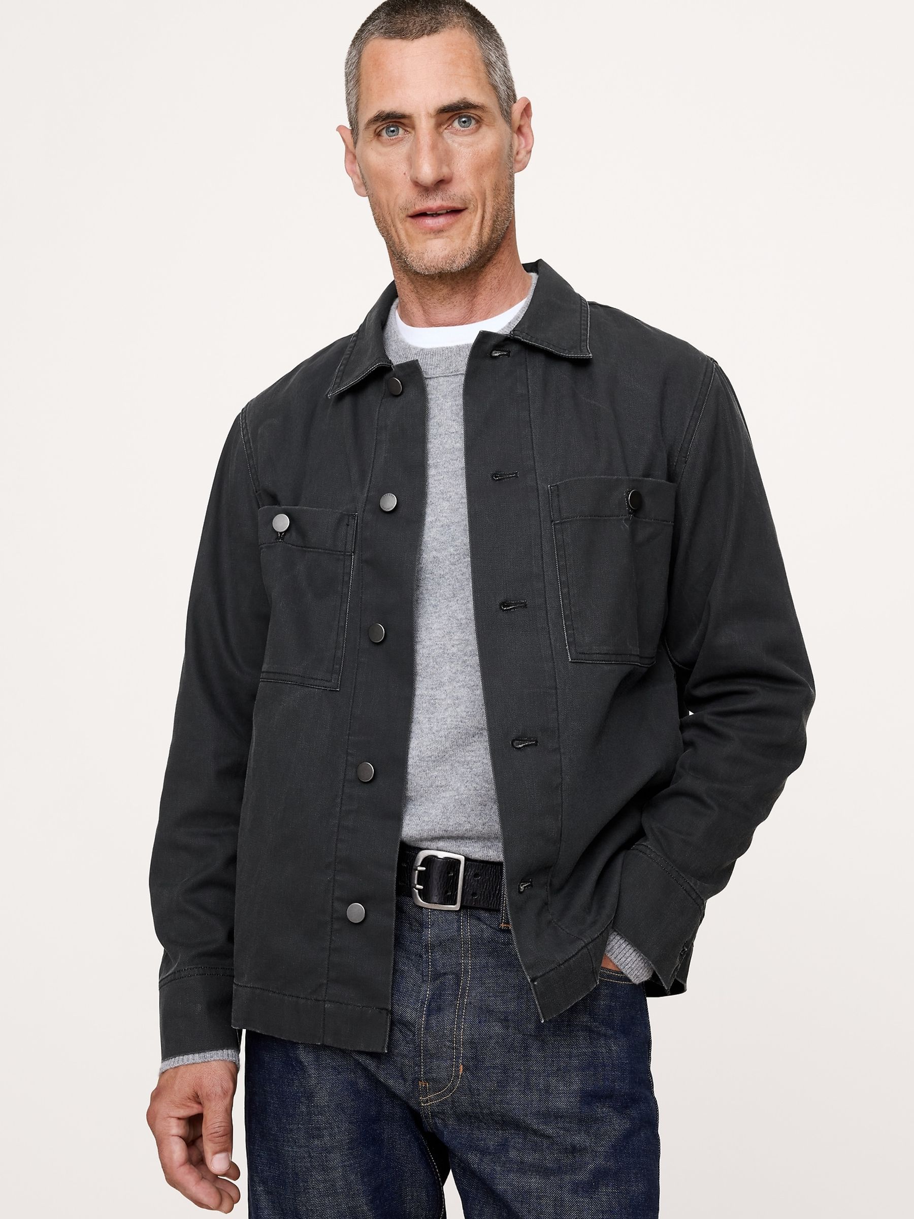 Banana Republic Black Coated Cotton Twill Overshirt - Image 1 of 5