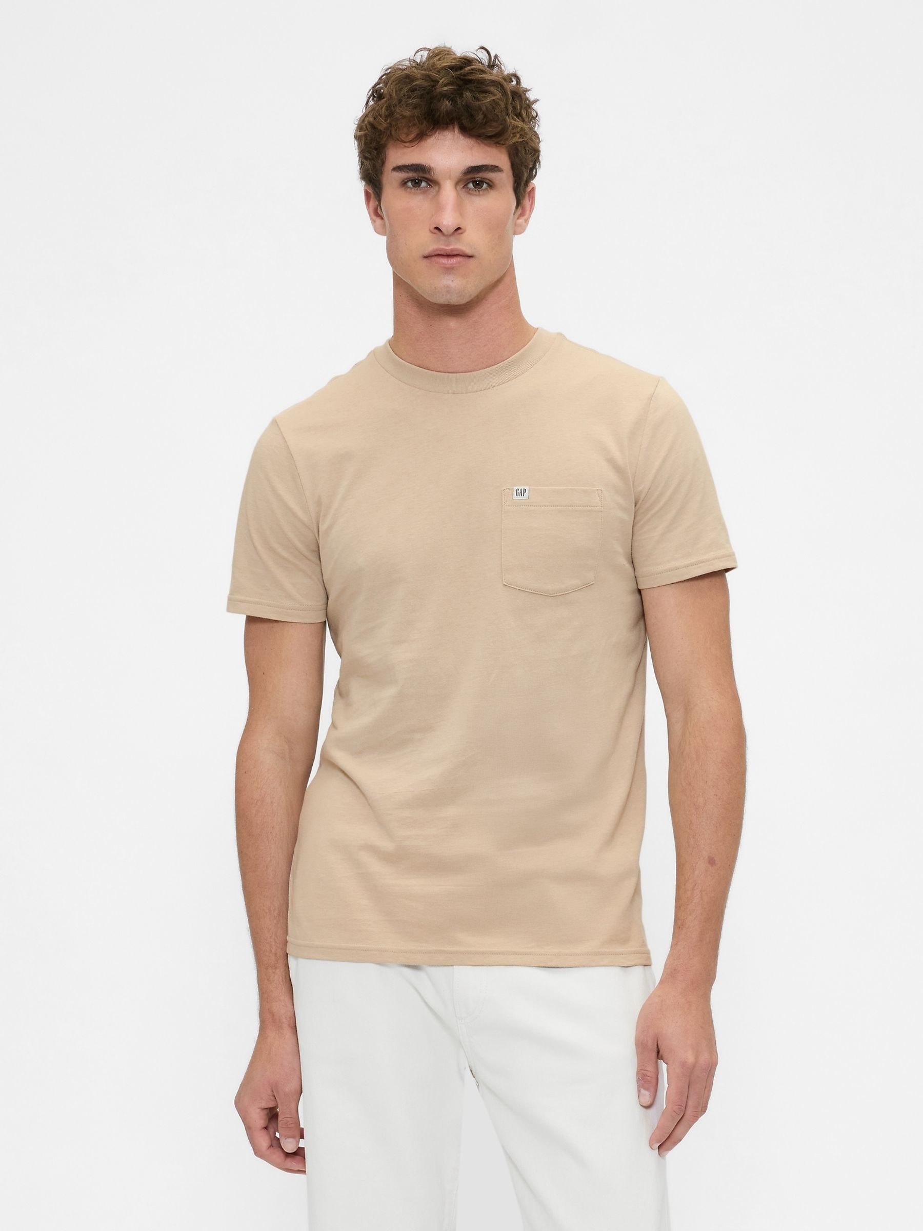 Beige Pocket Crew Neck Short Sleeve T-Shirt - Image 1 of 4 Beige Pocket Crew Neck Short Sleeve T-Shirt - Image 1 of 4