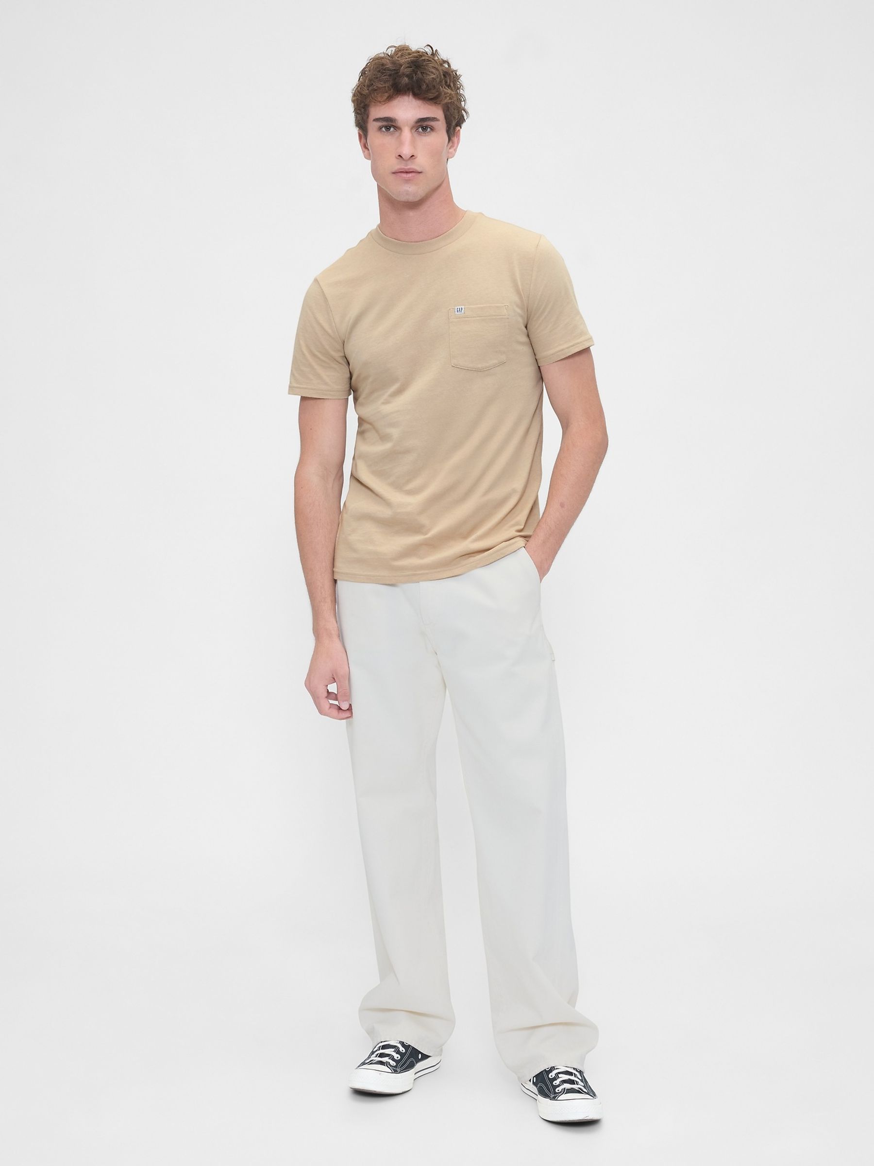 Beige Pocket Crew Neck Short Sleeve T-Shirt - Image 3 of 4