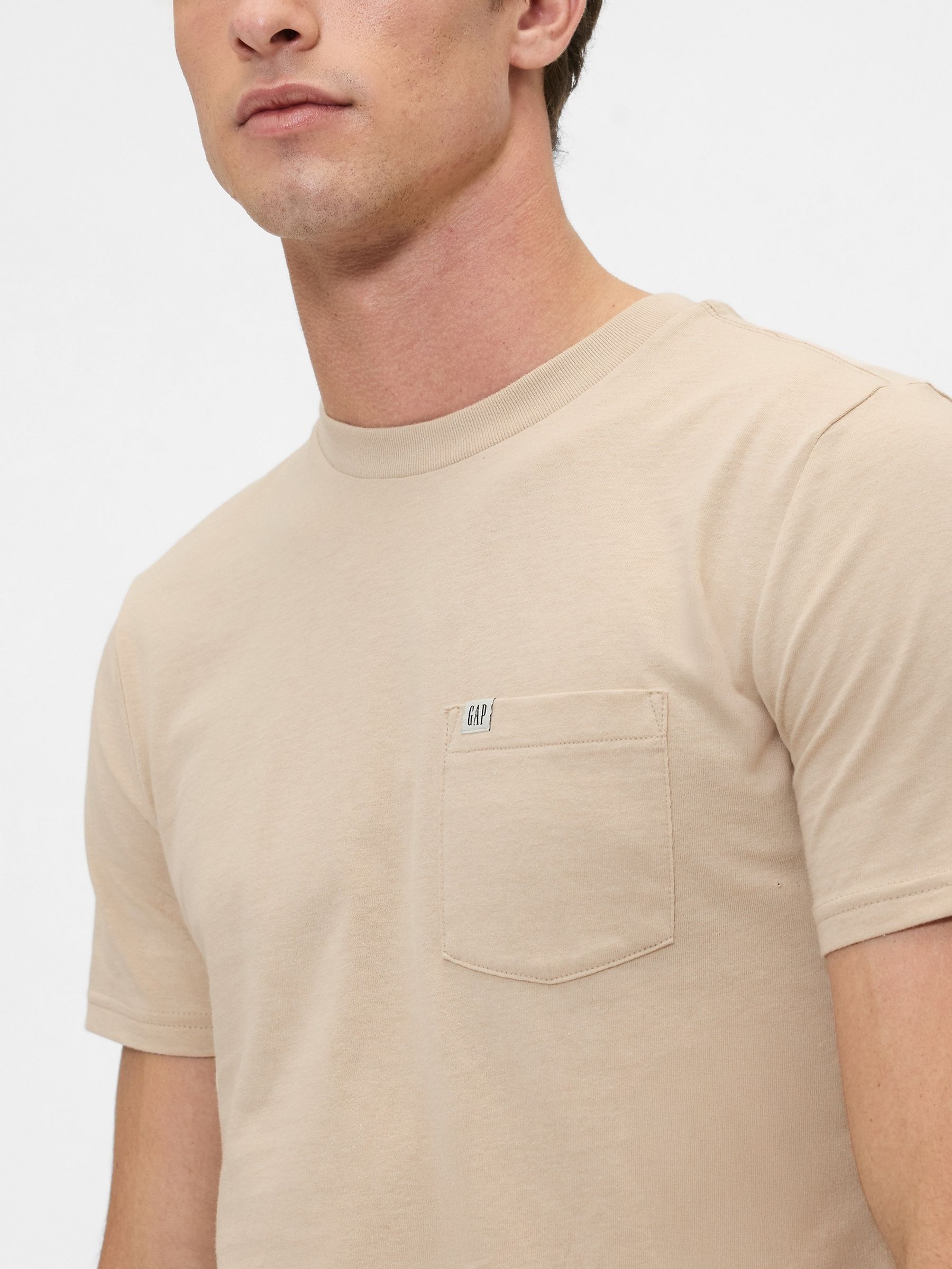 Beige Pocket Crew Neck Short Sleeve T-Shirt - Image 4 of 4 Beige Pocket Crew Neck Short Sleeve T-Shirt - Image 4 of 4