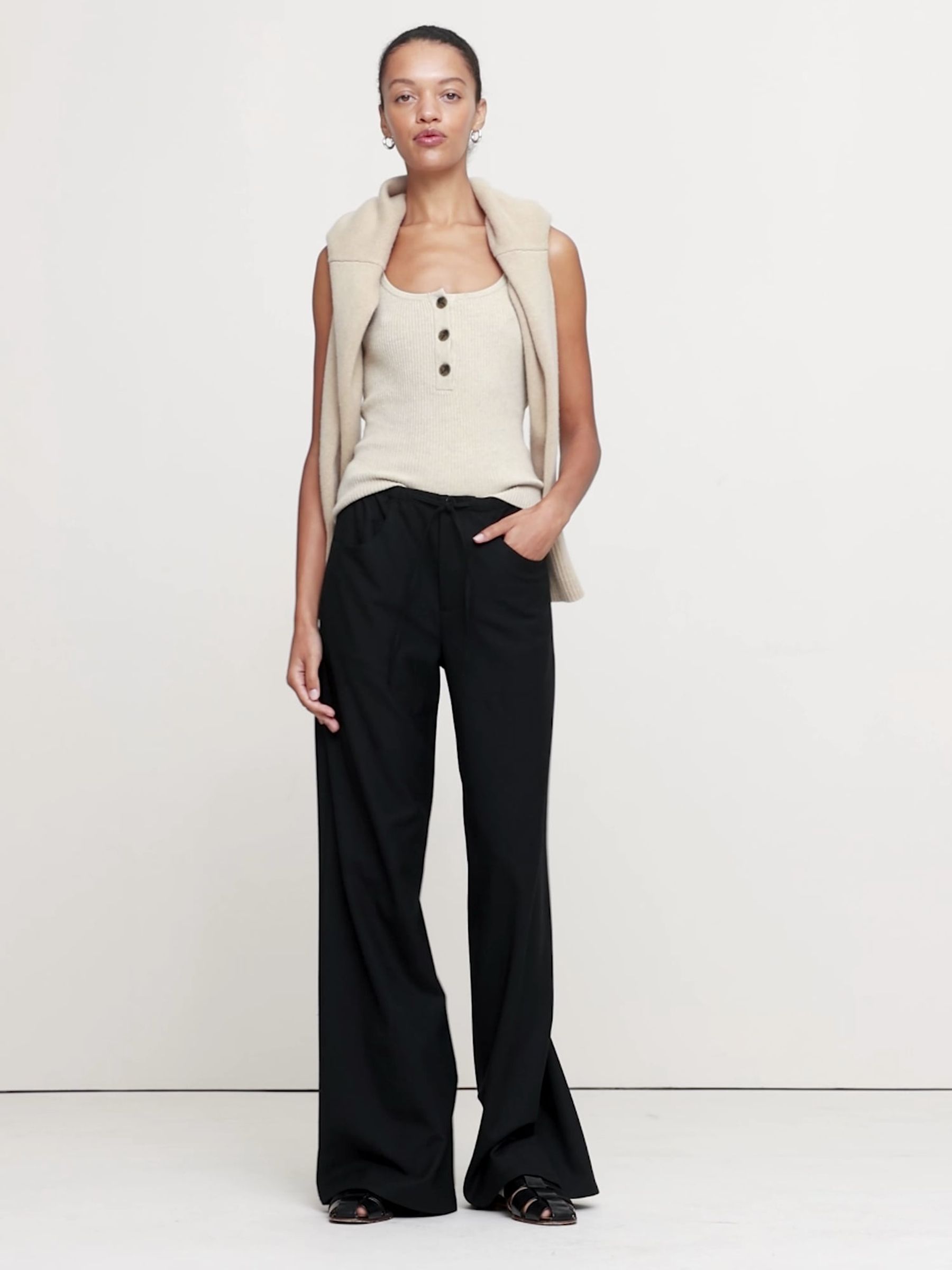 Banana Republic Black Mid-Rise Wide-Leg Flannel Drawstring Trousers - Image 2 of 5