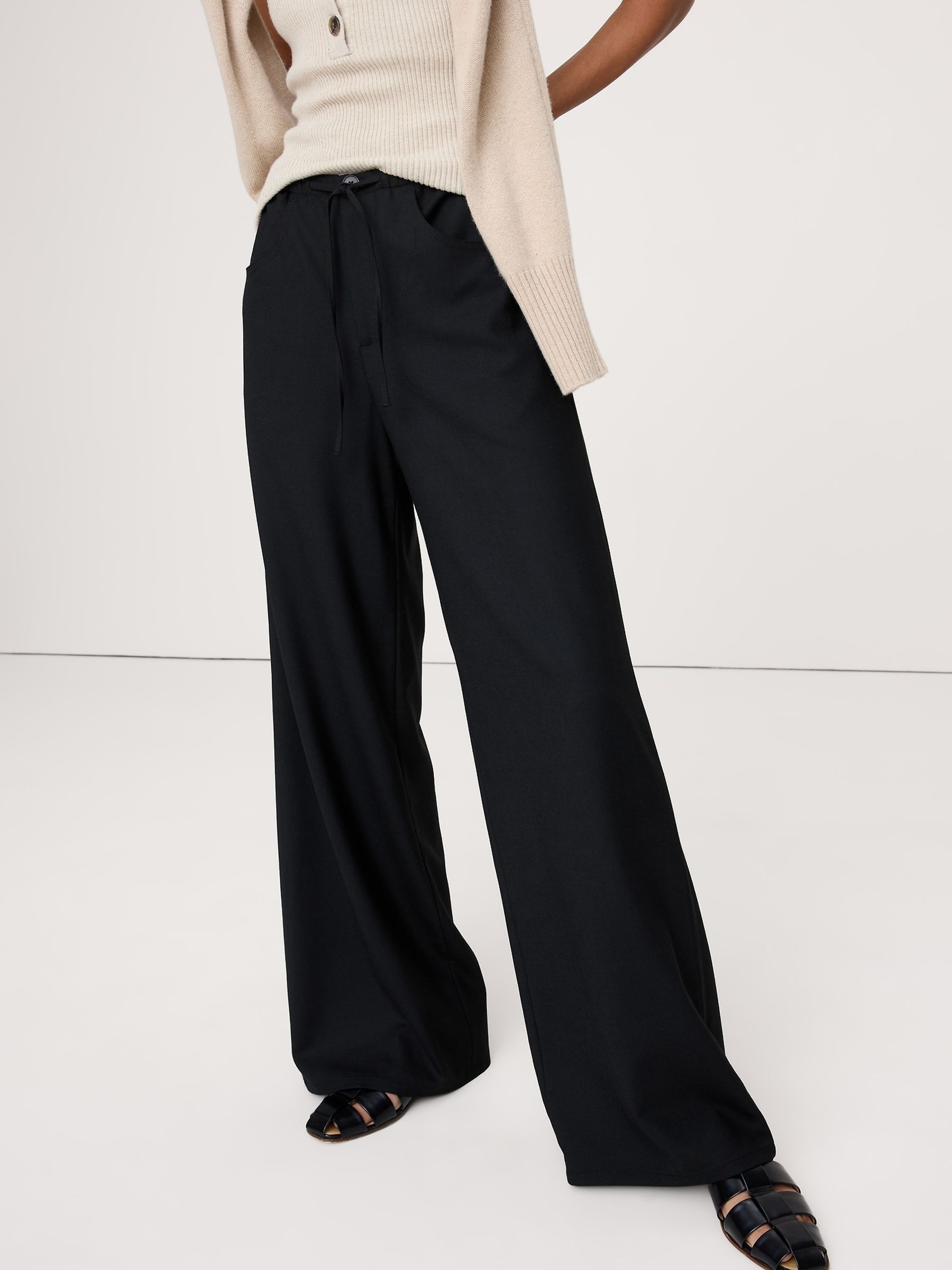 Banana Republic Black Mid-Rise Wide-Leg Flannel Drawstring Trousers - Image 4 of 5