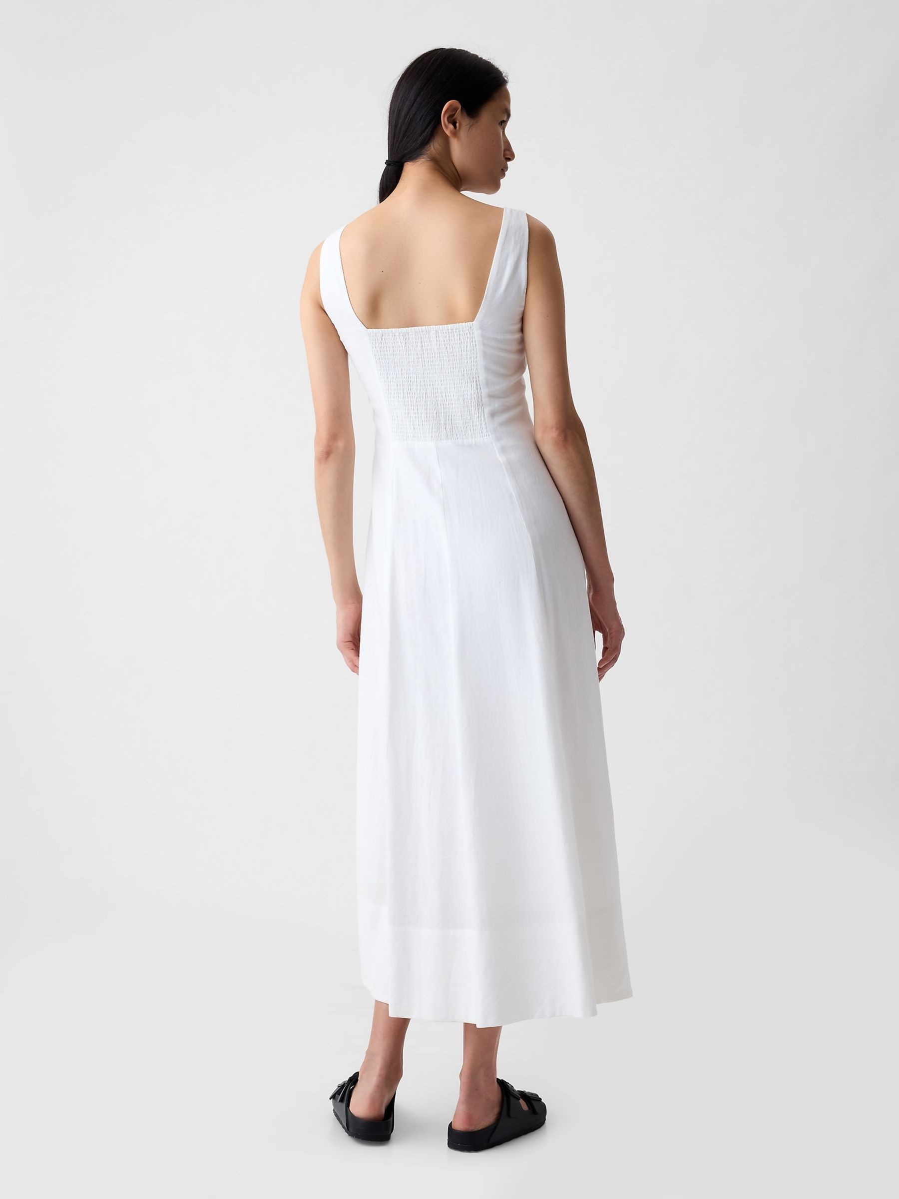White Linen Blend Square Neck Midi Dress - Image 2 of 6